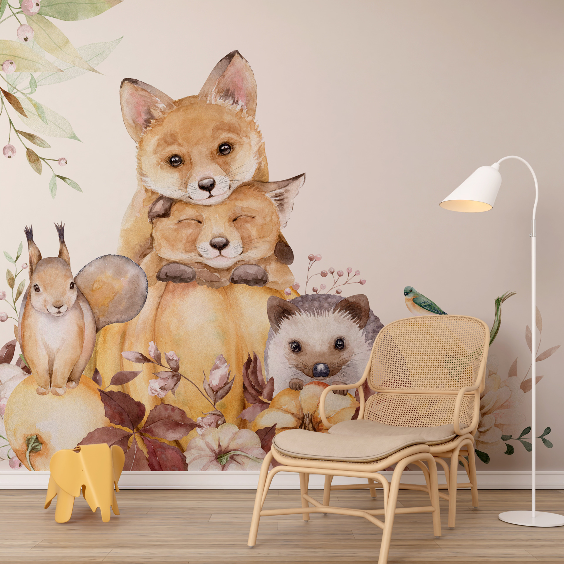 Väggmålning av höstens skogsdjur