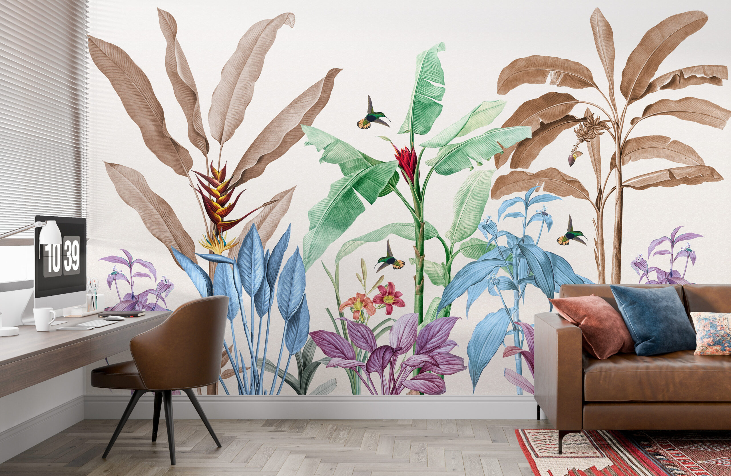 Väggmålning av färgade tropiska löv