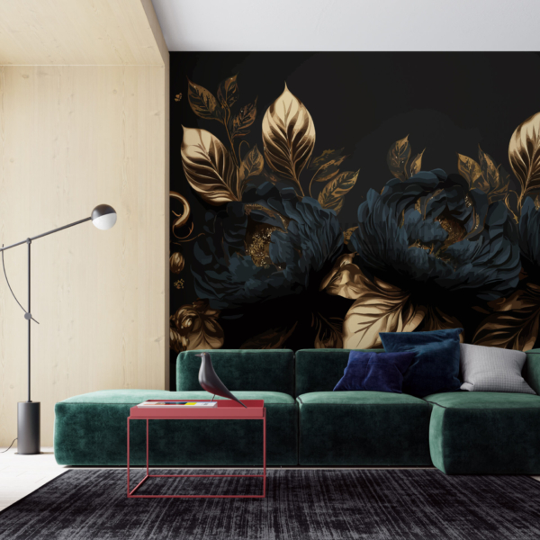 Fototapet av ett granatäpple och en guldblomma