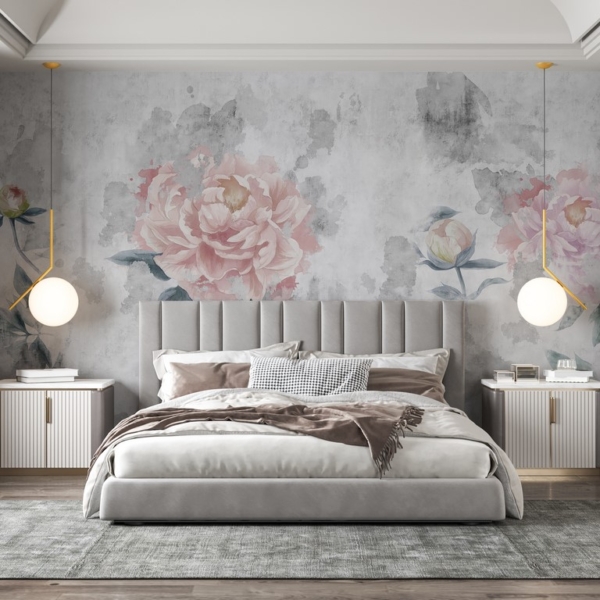 Fototapet Rosa pionblommor på en grå bakgrund