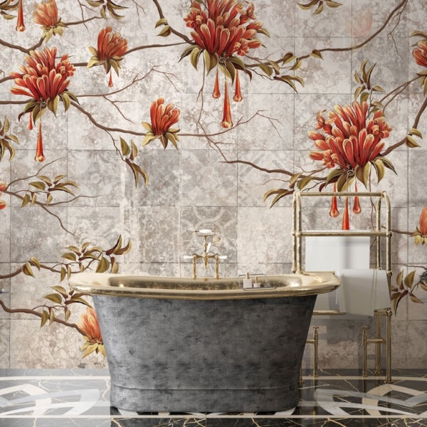 Fototapet av ett blommande träd på kakelplattor