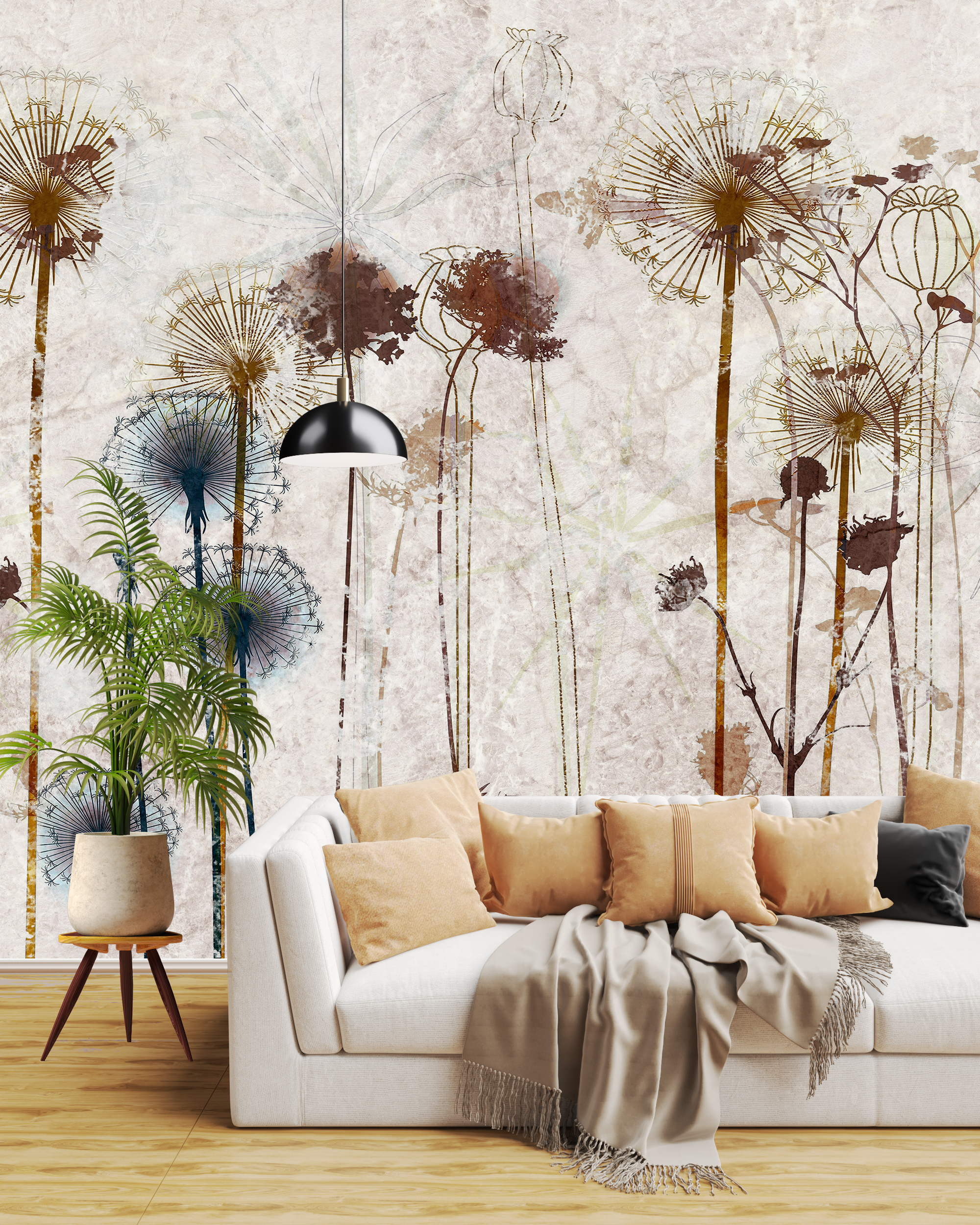 Muralmålning av en skog av blomflugor