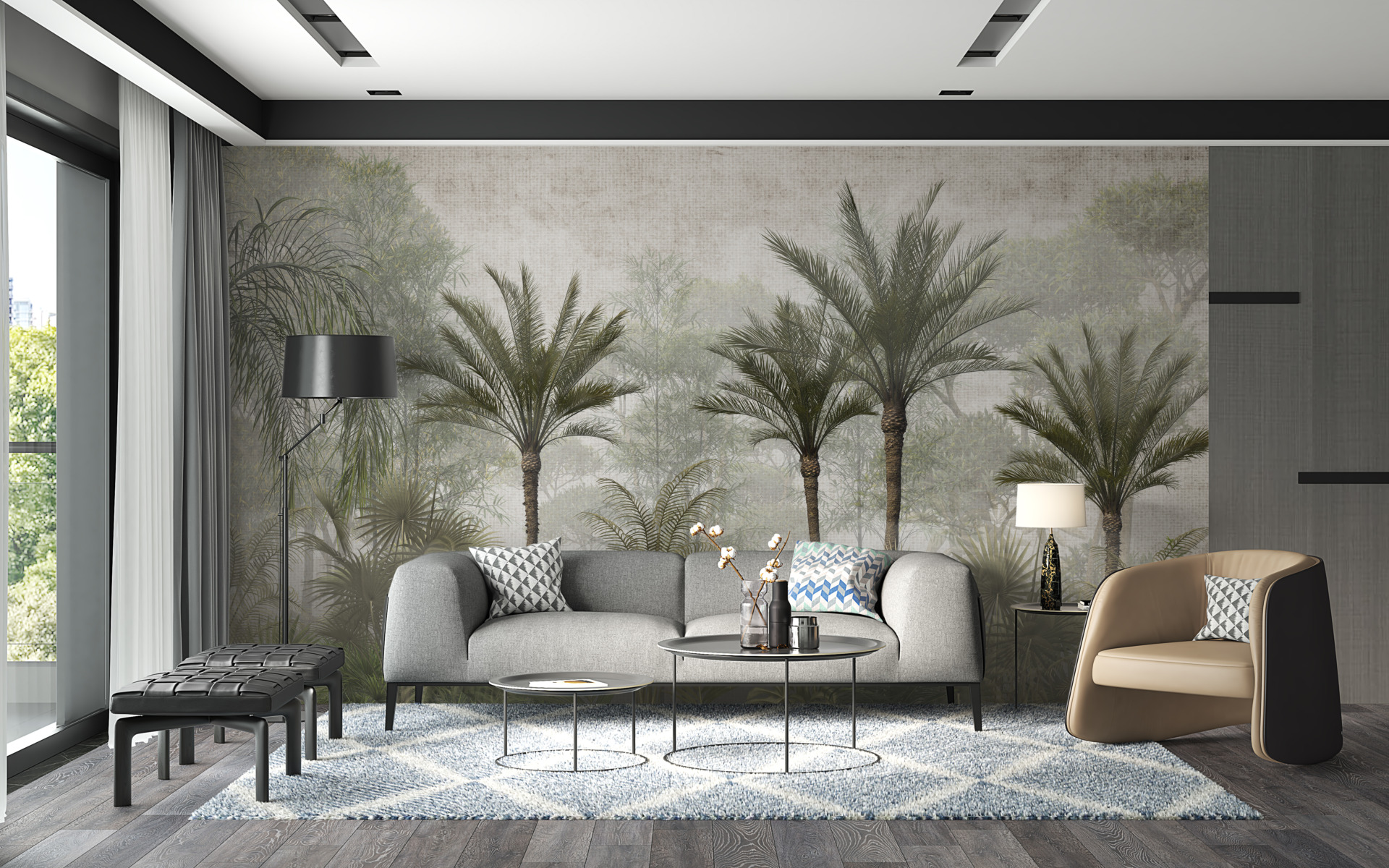 Väggmålning av en skog av höga palmer i dimman