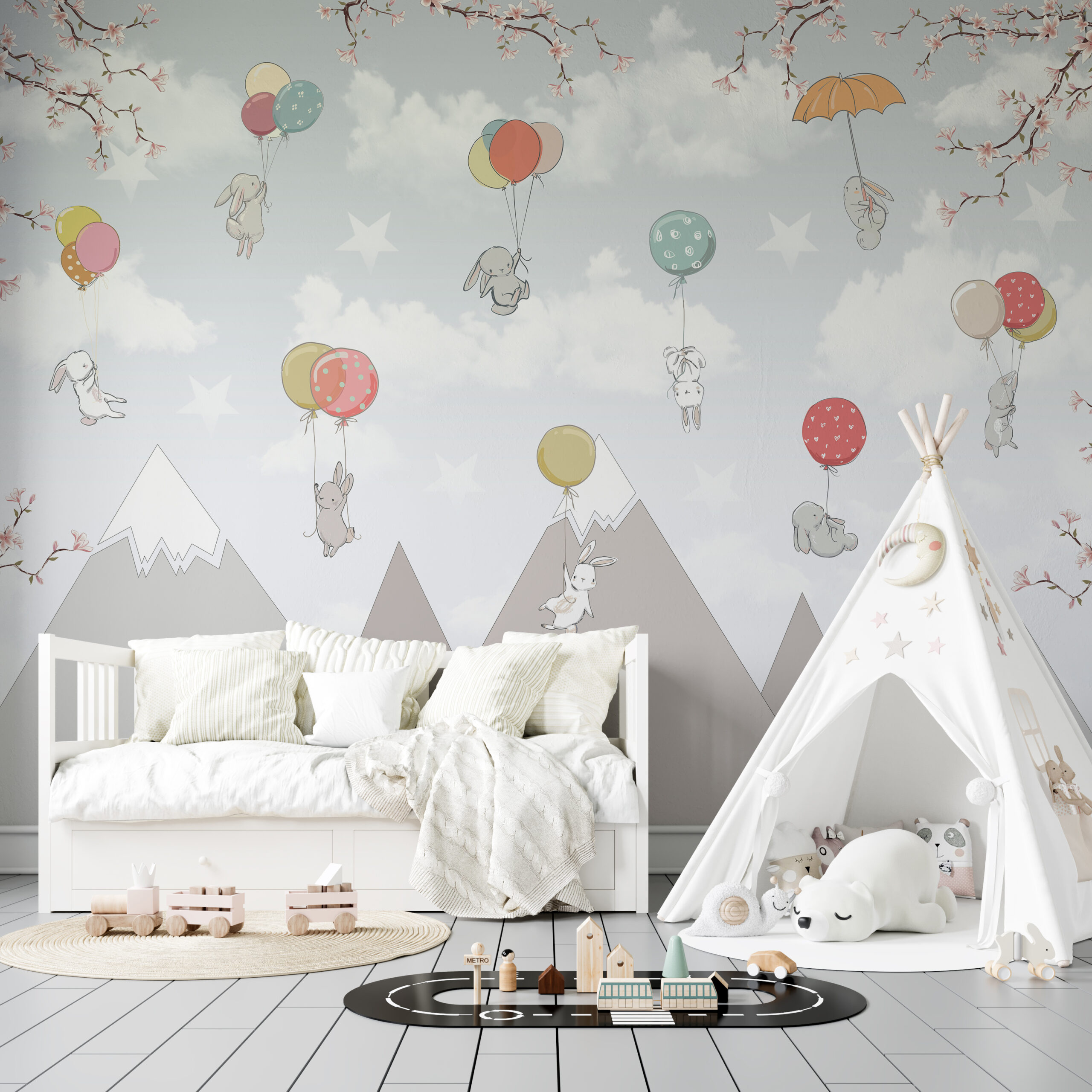 Väggmålning av flygning över bergen