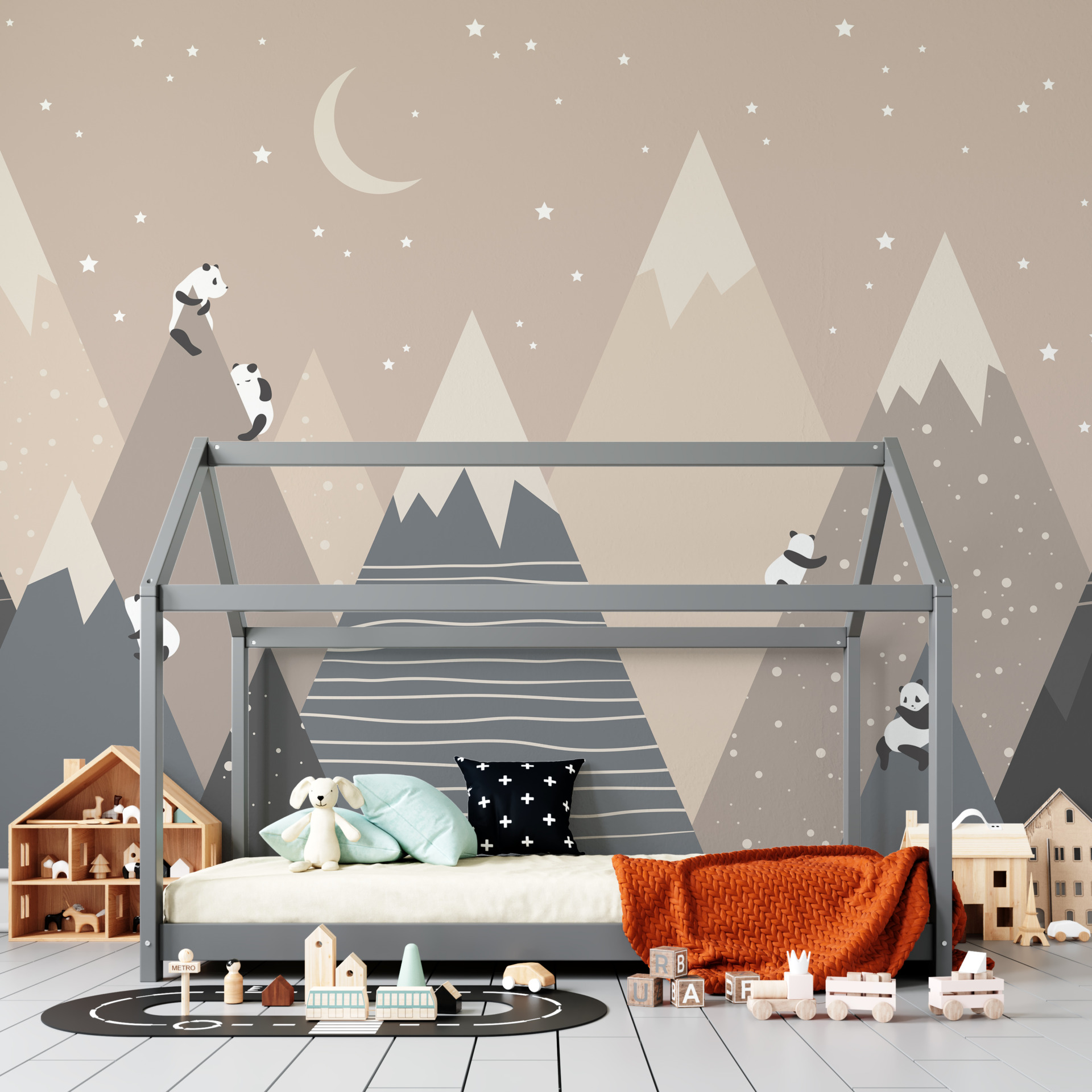 Väggmålning av pandor på bergstoppar