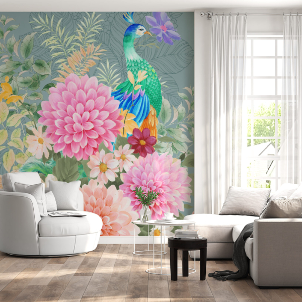 Väggmålning Påfågel i blommor