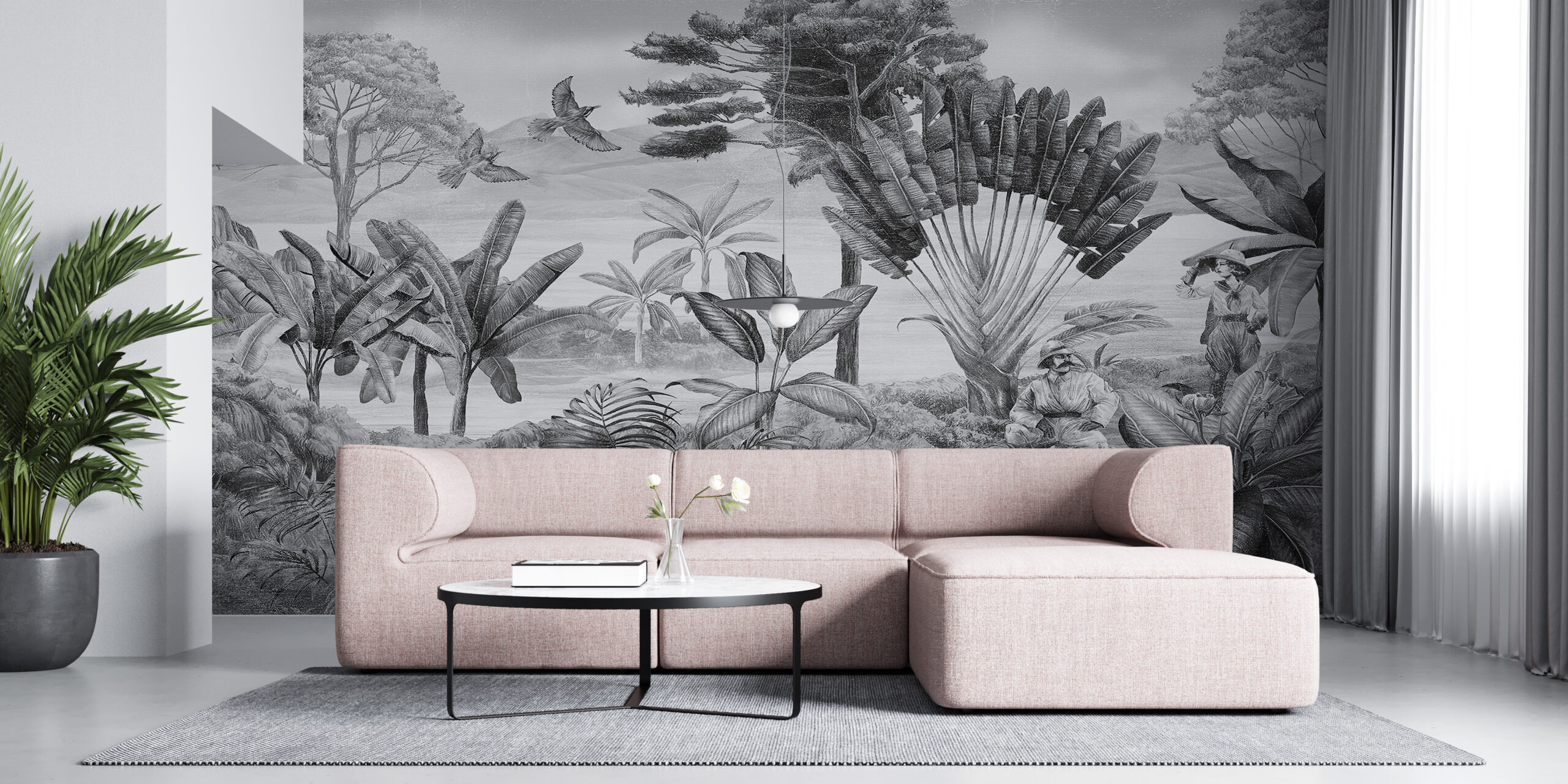 Väggmålning av resenärer i tropikerna