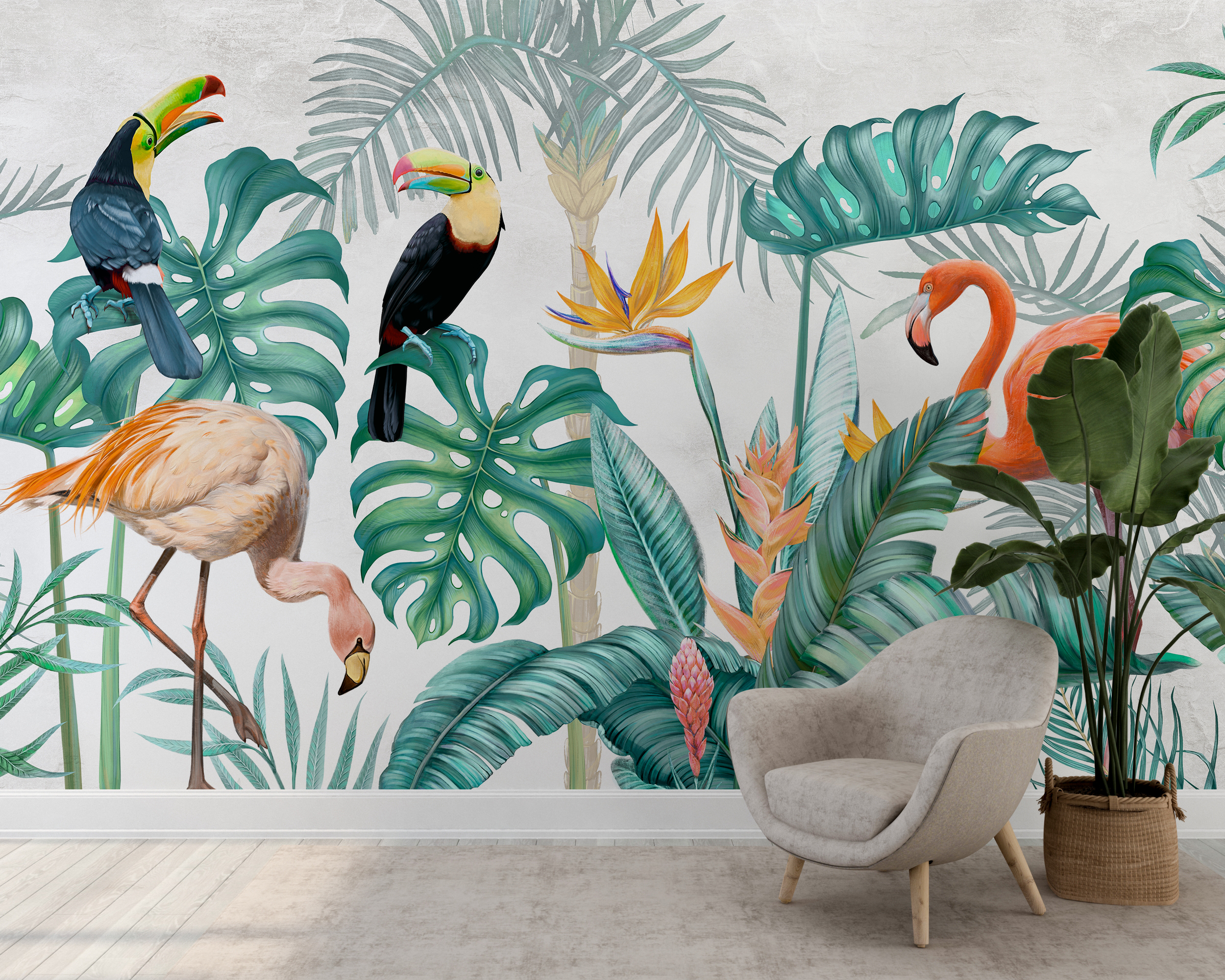 Väggmålning av djungelfåglar