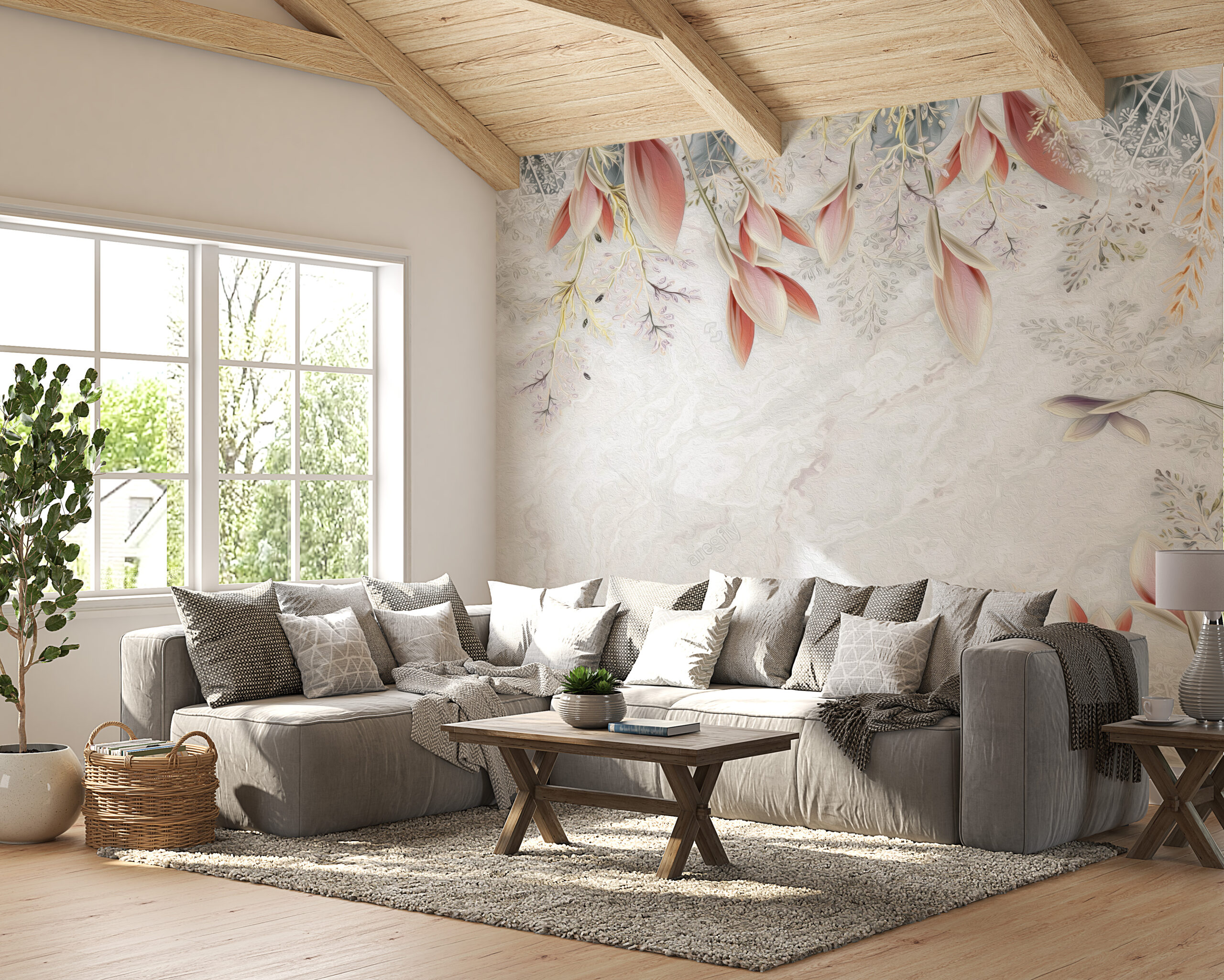 Väggmålning med rosa bladram