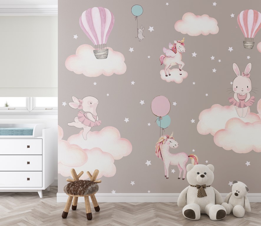 Väggmålning Rosa kaniner och enhörningar