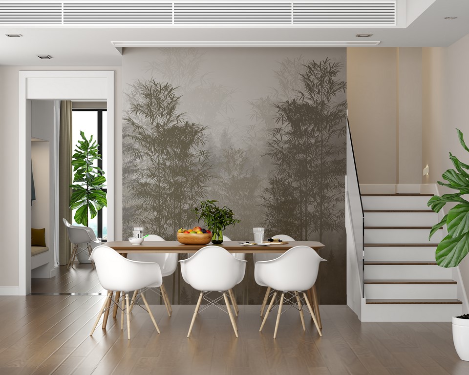 Fototapet Smala träd i dimman