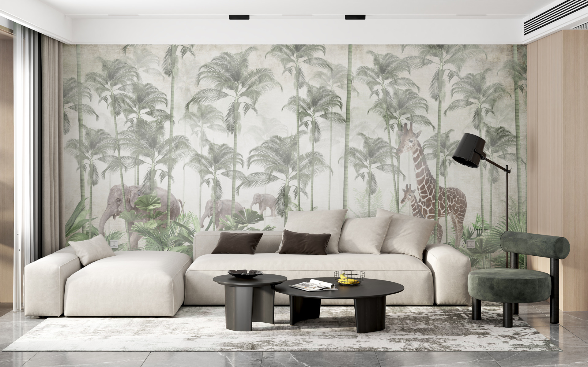 Väggmålning av gående giraffer och elefanter