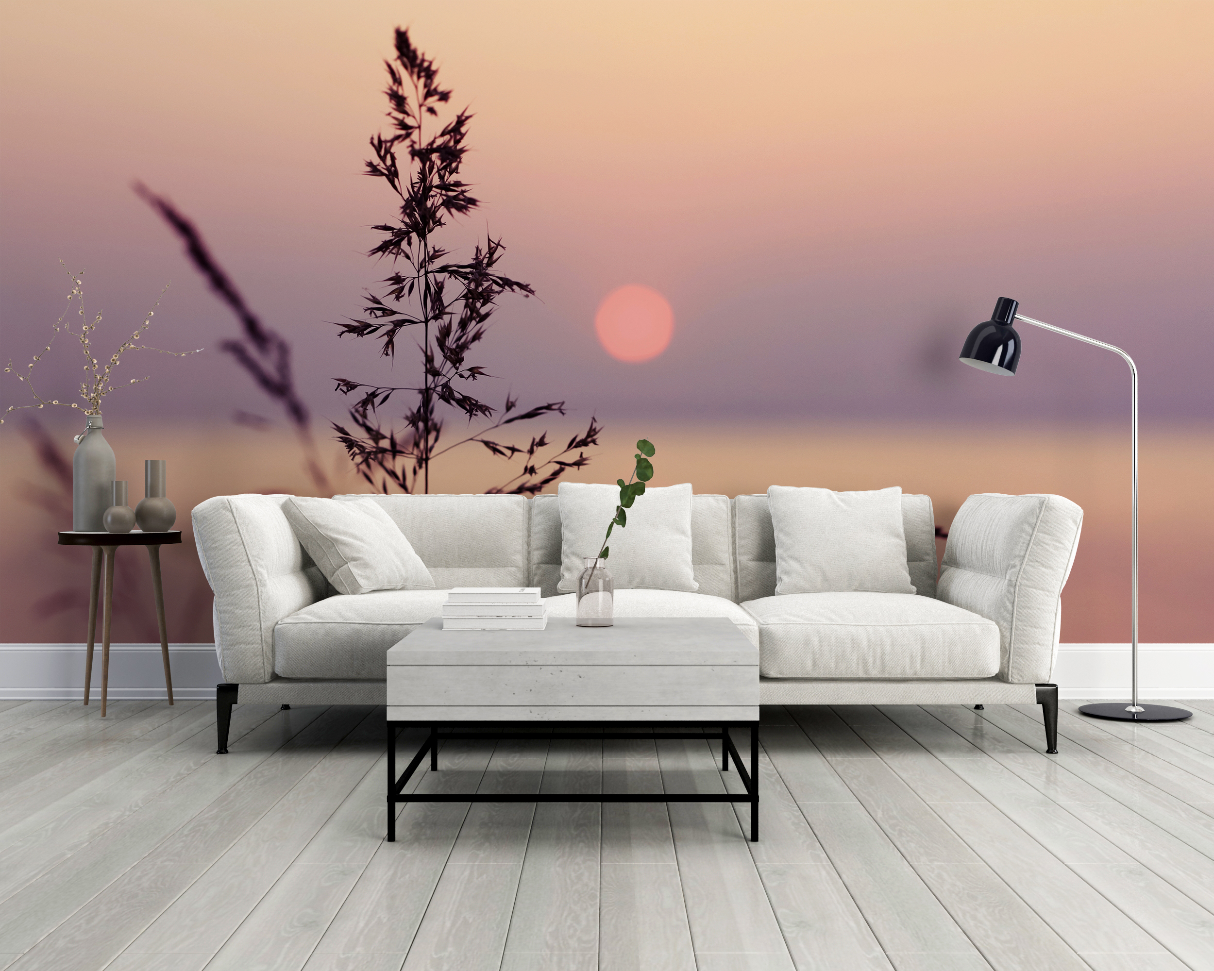 Muralmålning av gräs i solnedgången