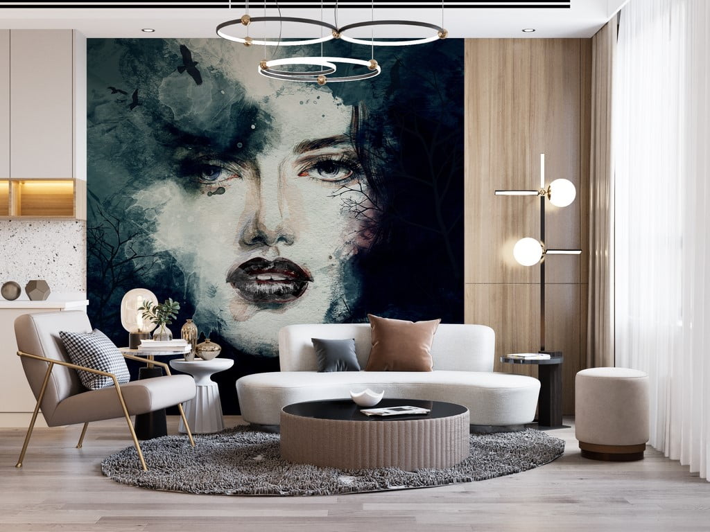 Fototapet av en flickas ansikte mot en mörk bakgrund