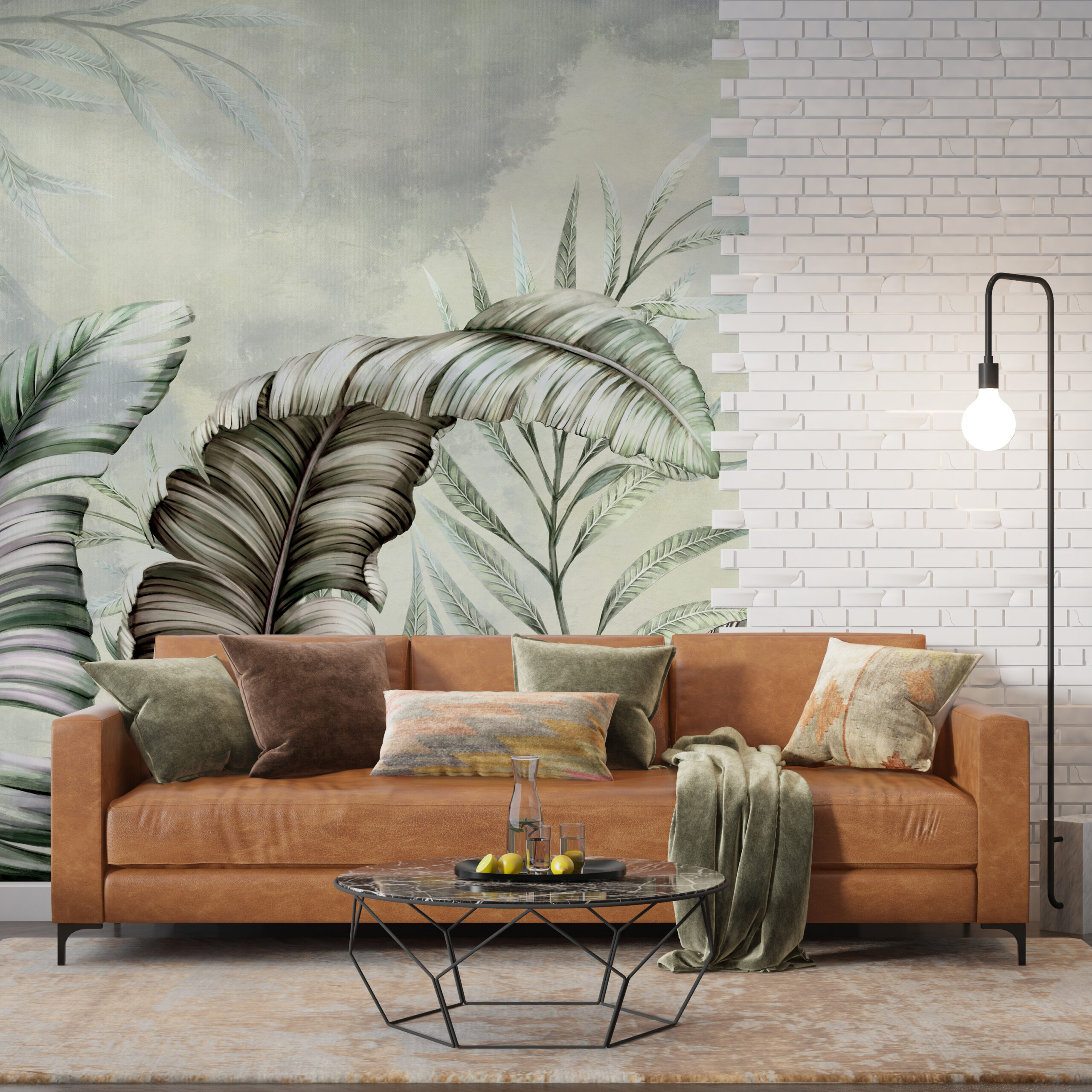 Väggmålning i en kratt med långa blad