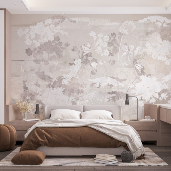 Väggmålning med konturer av vita växter