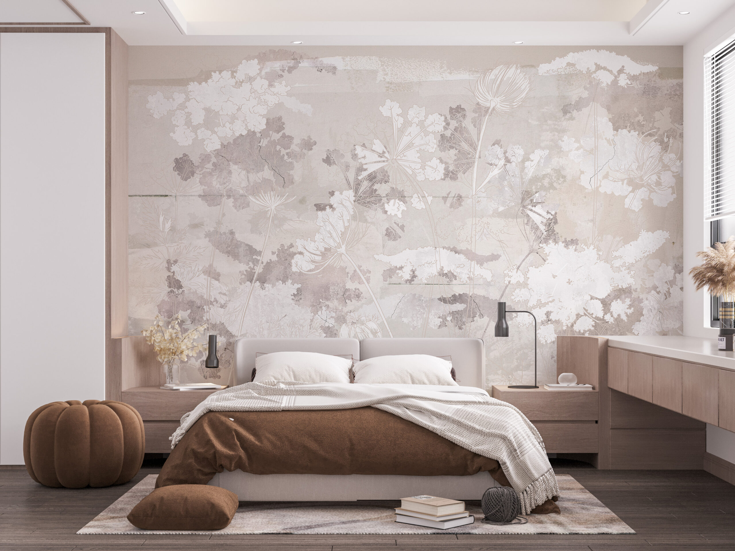 Väggmålning med konturer av vita växter