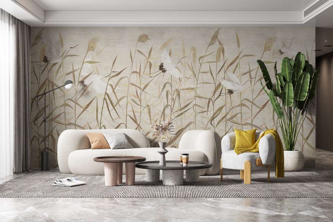 Väggmålning Tranor bland gräs