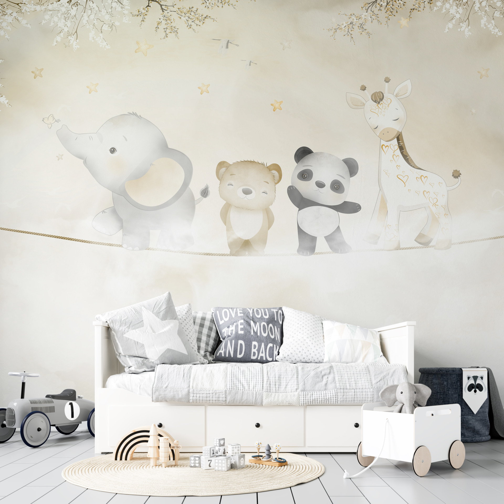 Muralmålning av djur på en lina i dimman