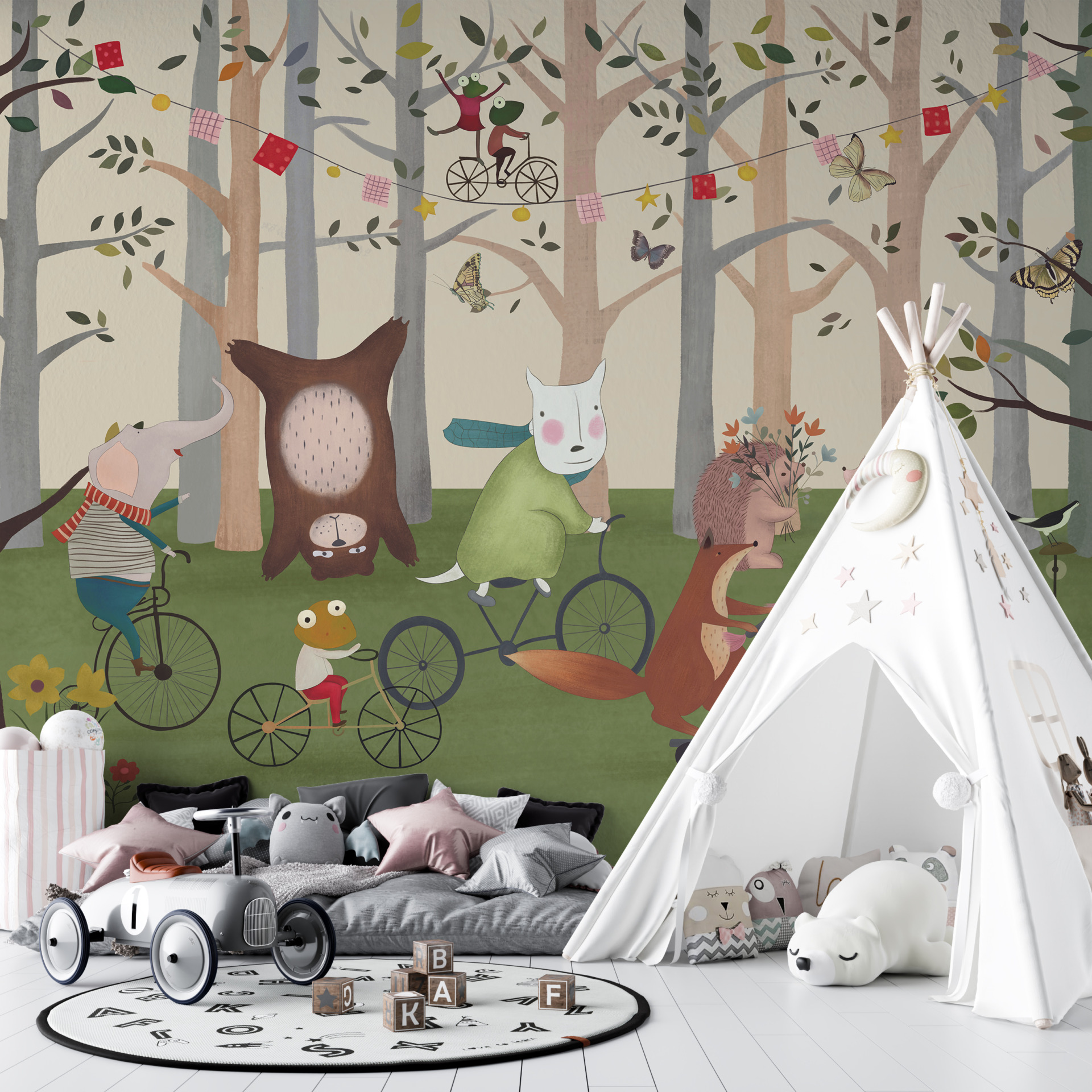 Väggmålning av djur på cyklar