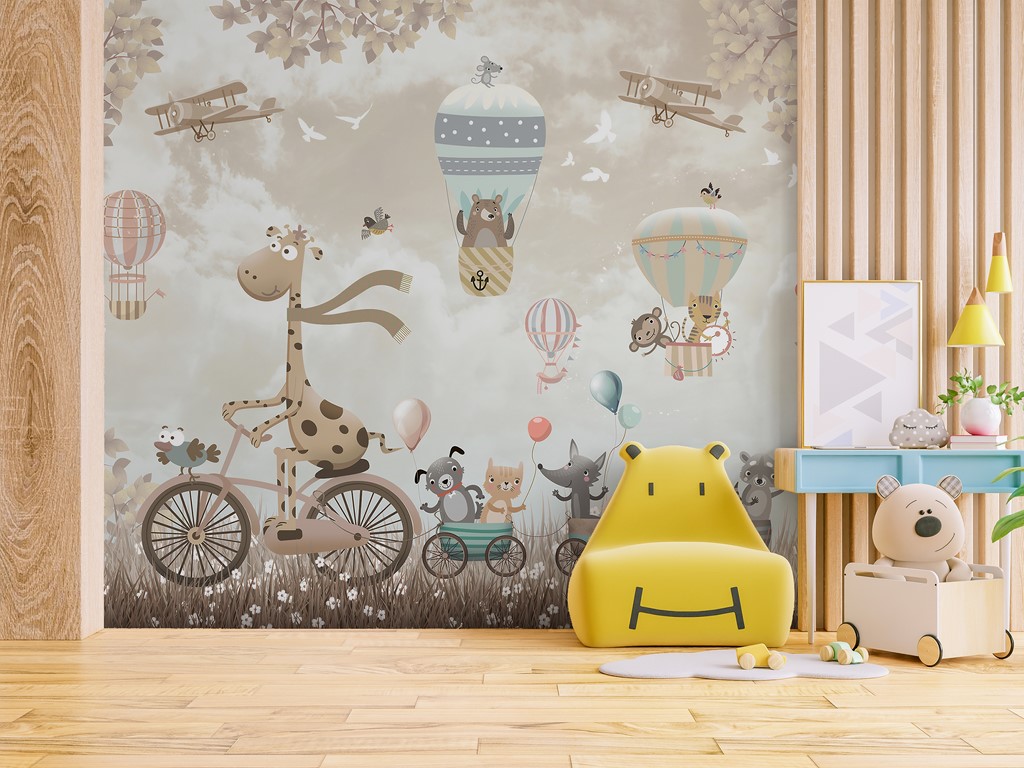 Fototapet av en giraff på en cykel för barn