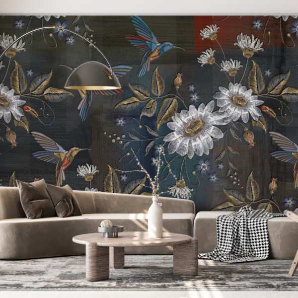 Väggmålning Vita blommor och kolibrier