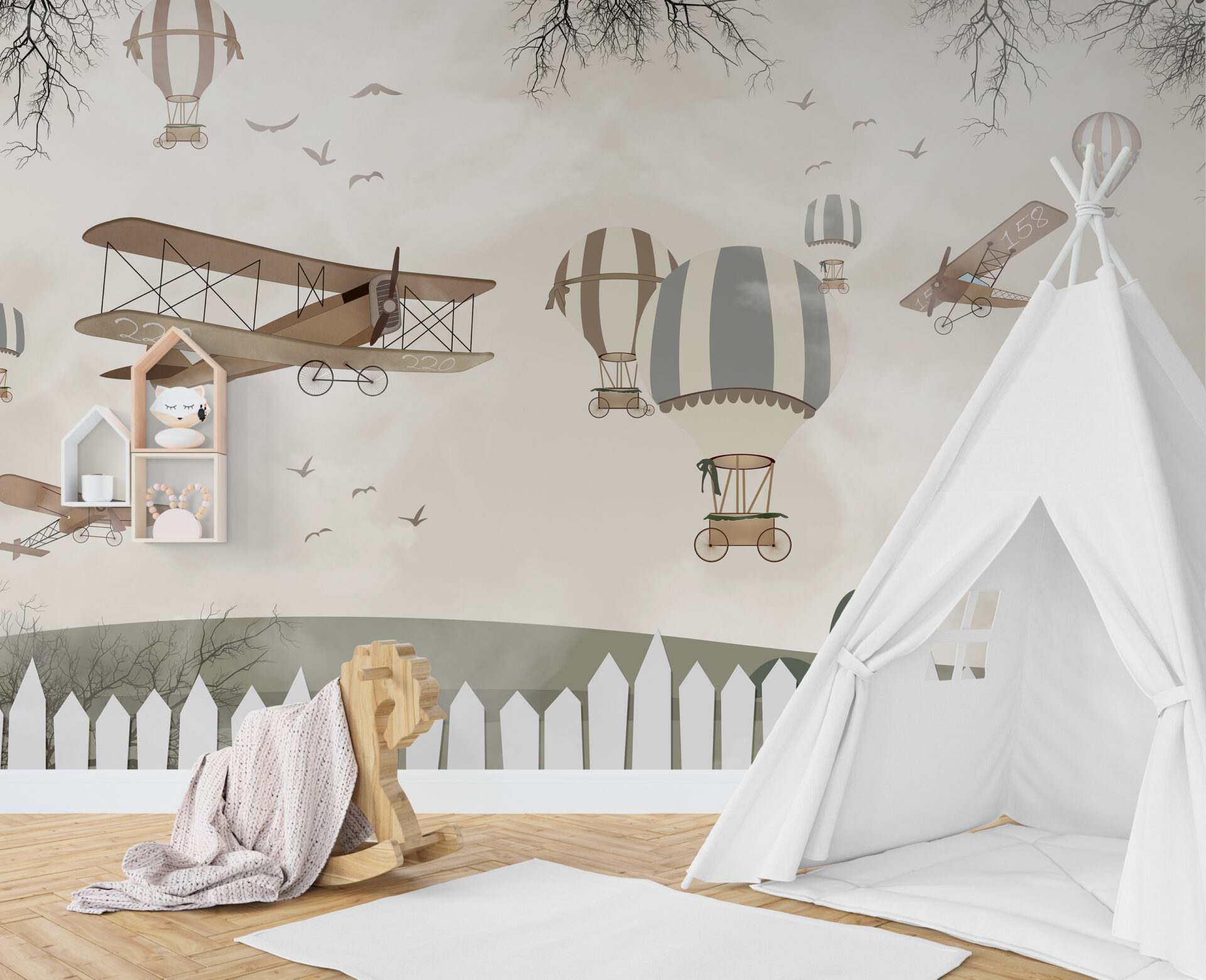 Fototapet av färgade ballonger och flygplan på himlen