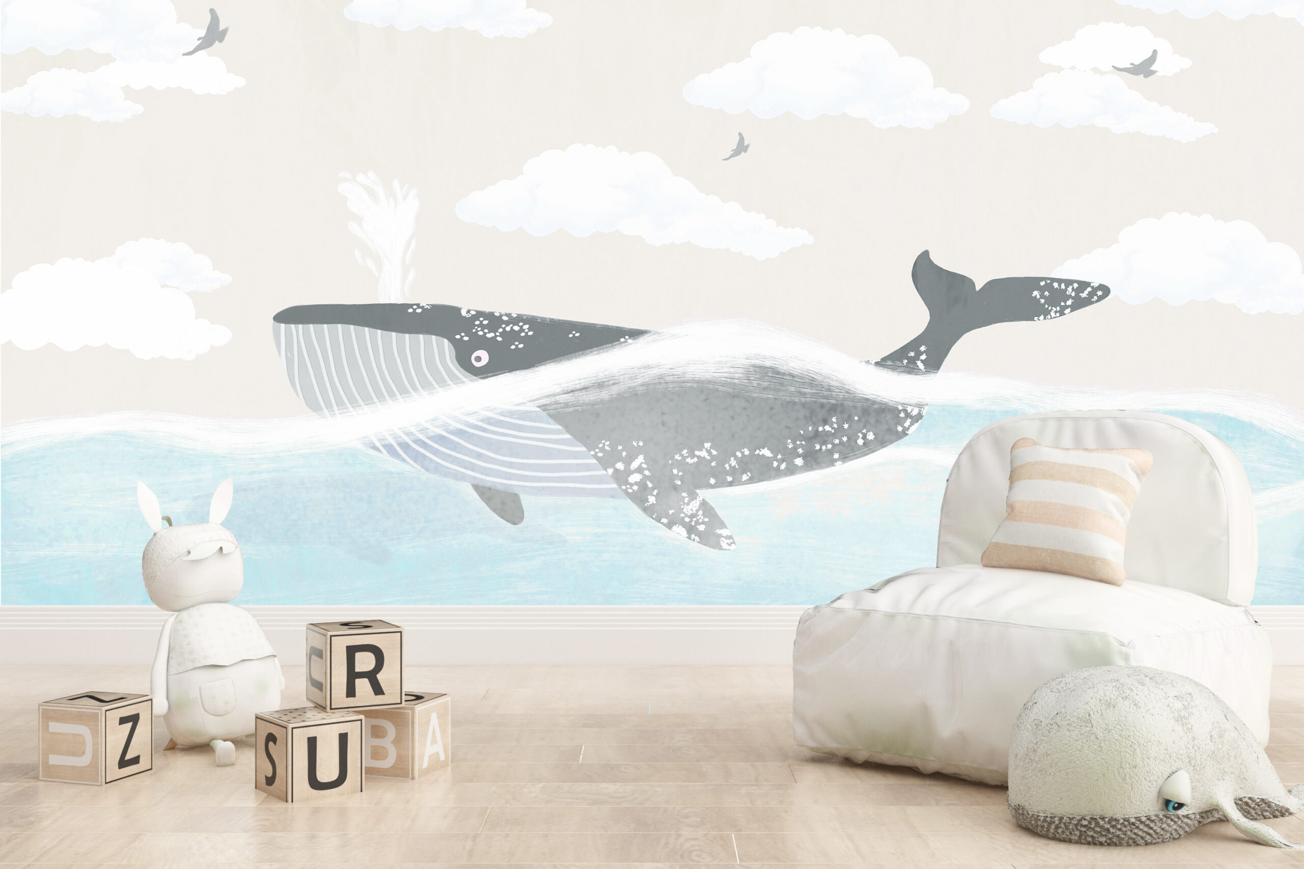 Väggmålning av en val i beige