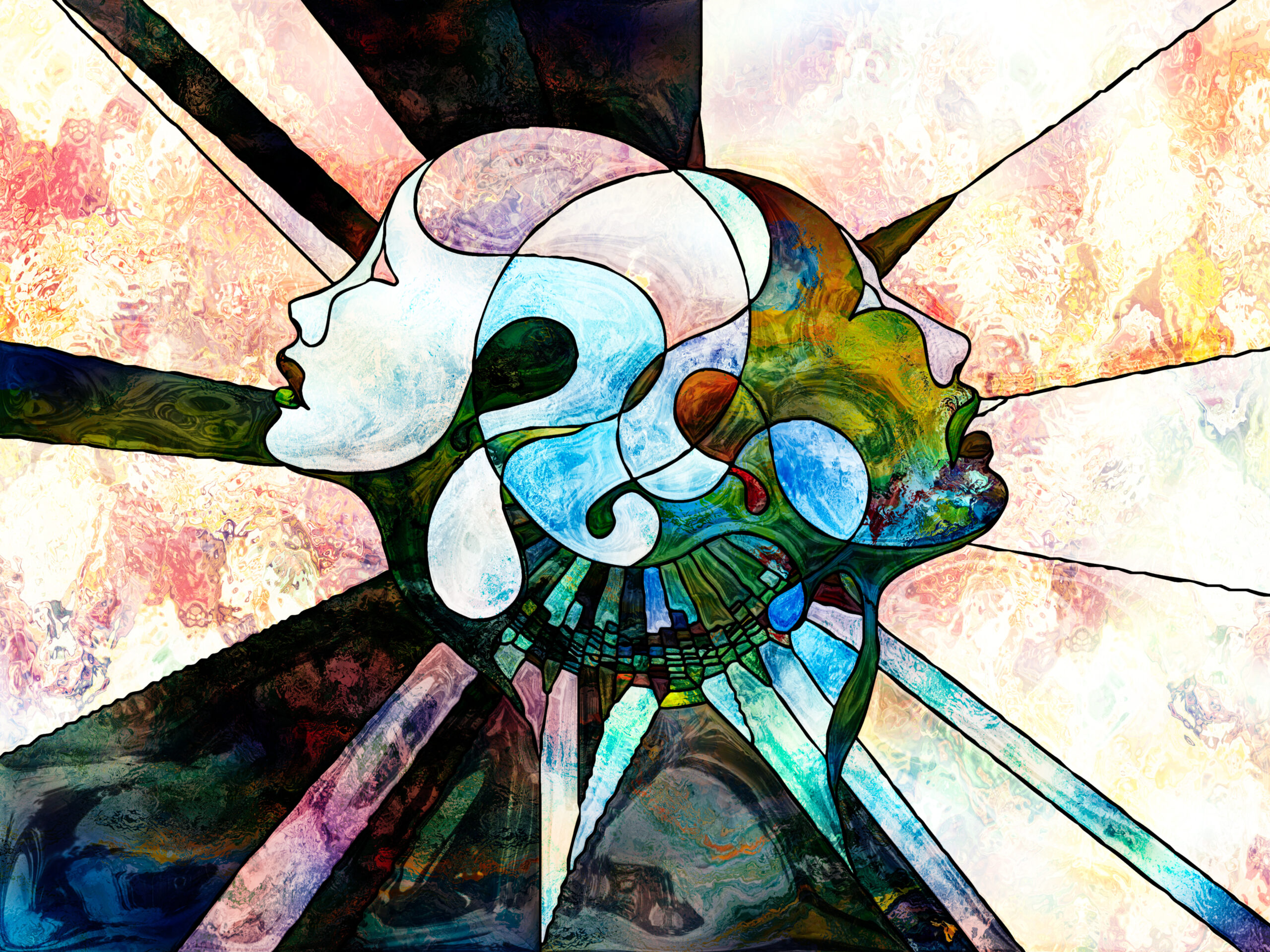 Stained,Glass,Forever,Series.,Interplay,Of,Human,Profiles,,Abstract,Organic