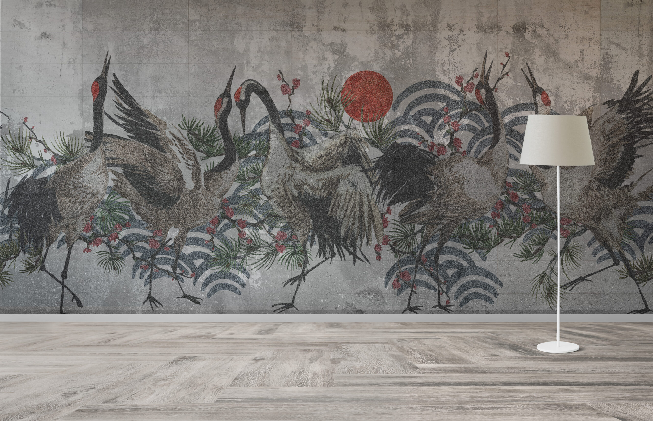 Väggmålning av tranor vid solnedgången