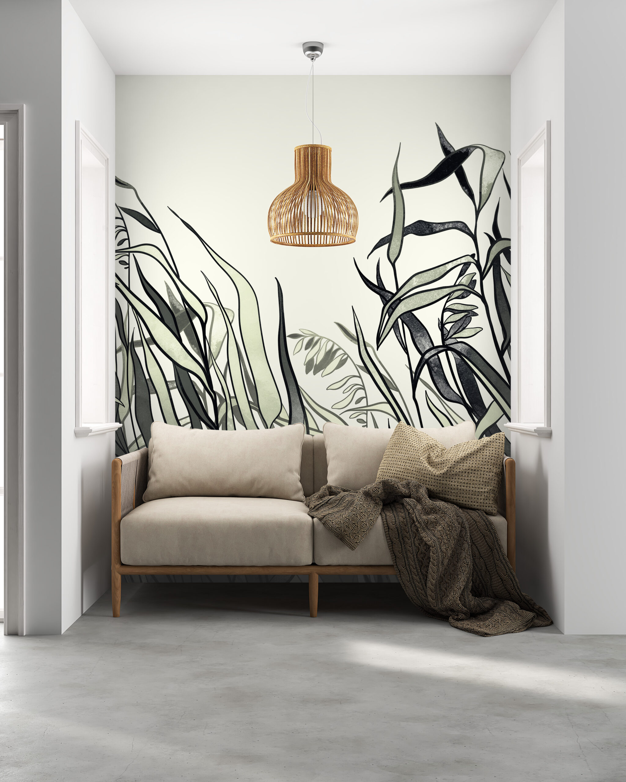 Muralmålning Mörka löv på ljus bakgrund