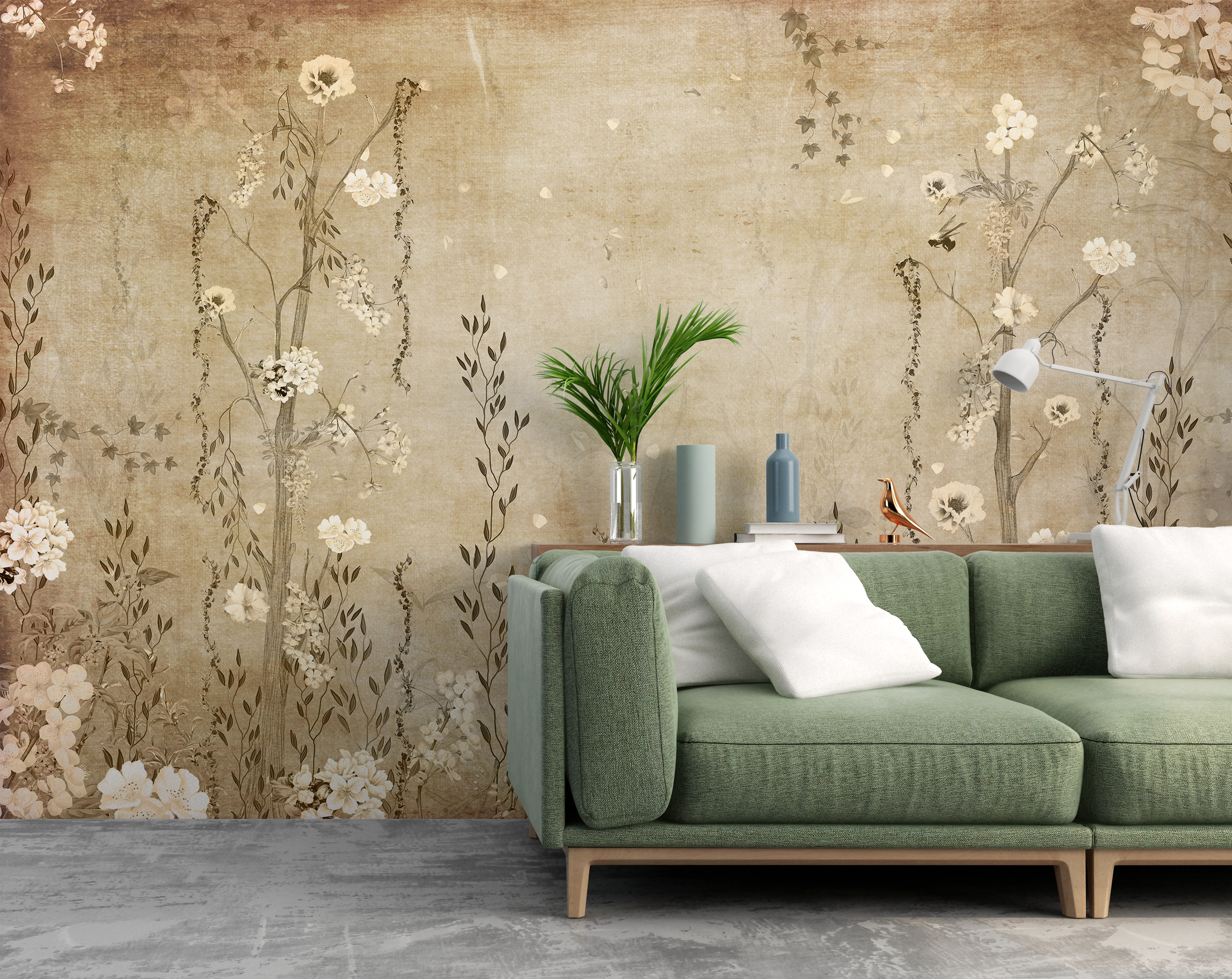 Väggmålning av växter i brunt och beige