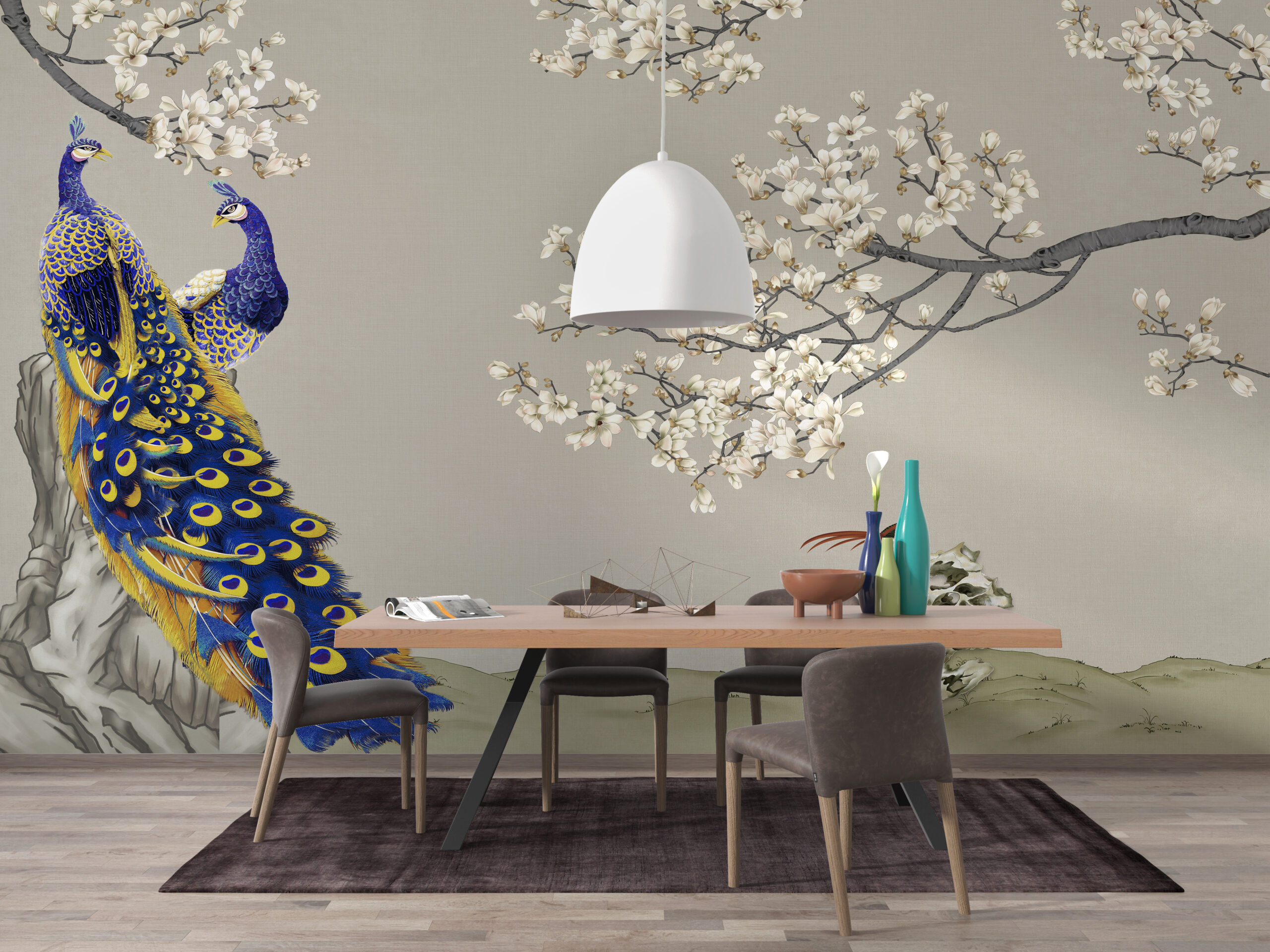 Påfågel och körsbärsblom väggmålning