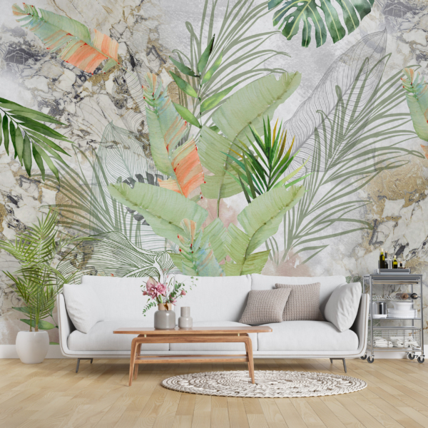 Väggmålning Tropiska löv i marmor