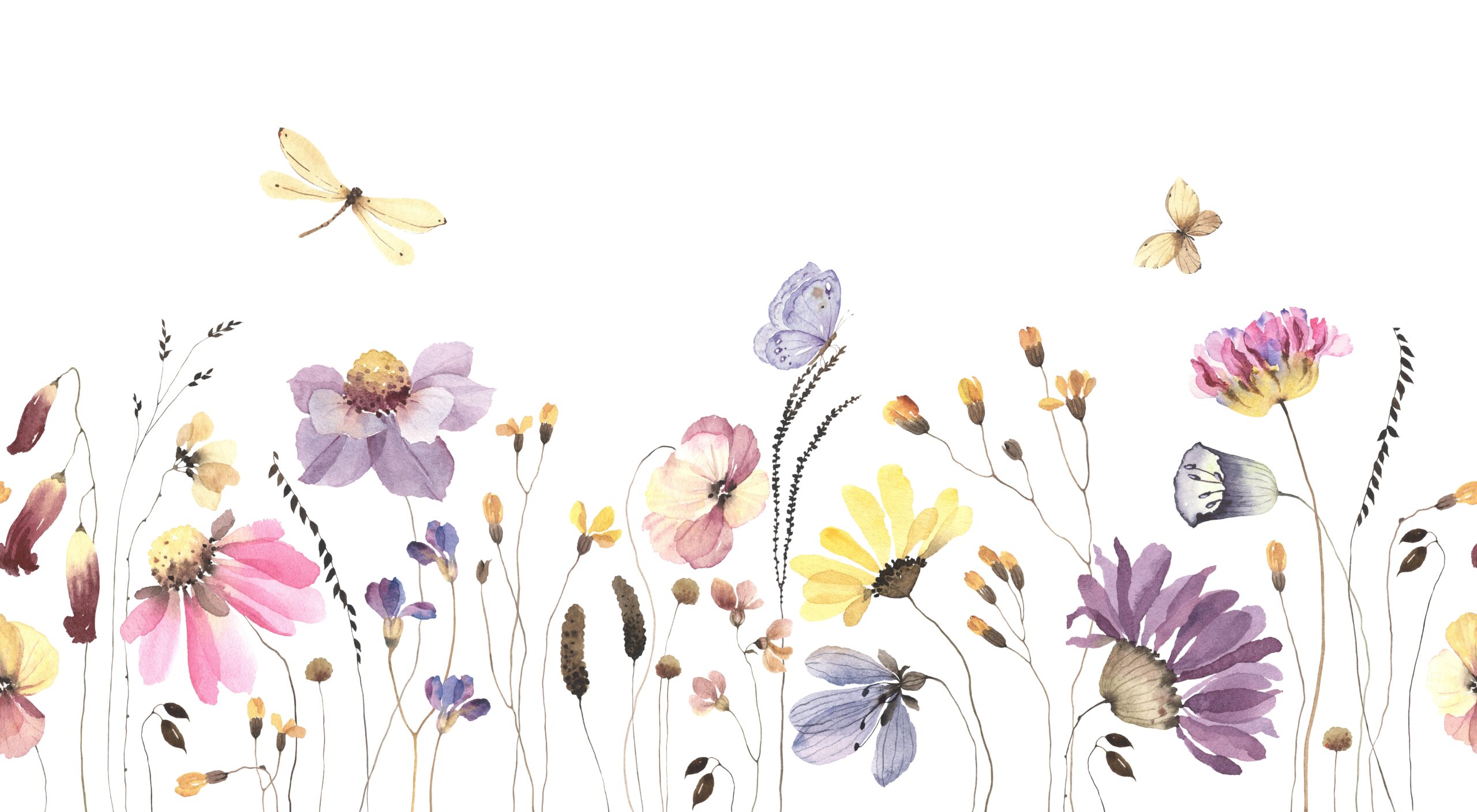 Wildflowers,,Plants,,Flying,Butterfly,,Dragonfly,,Floral,Seamless,Pattern,With,Colored