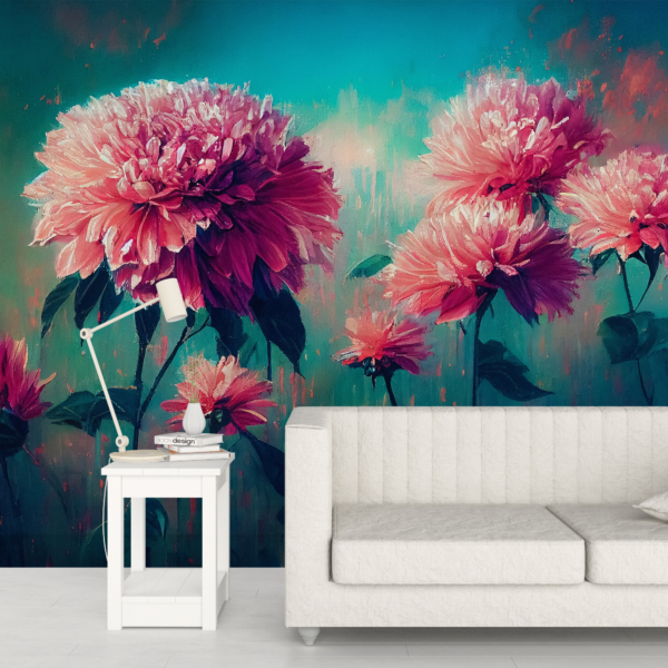 Väggmålning Rosa blommor i turkos