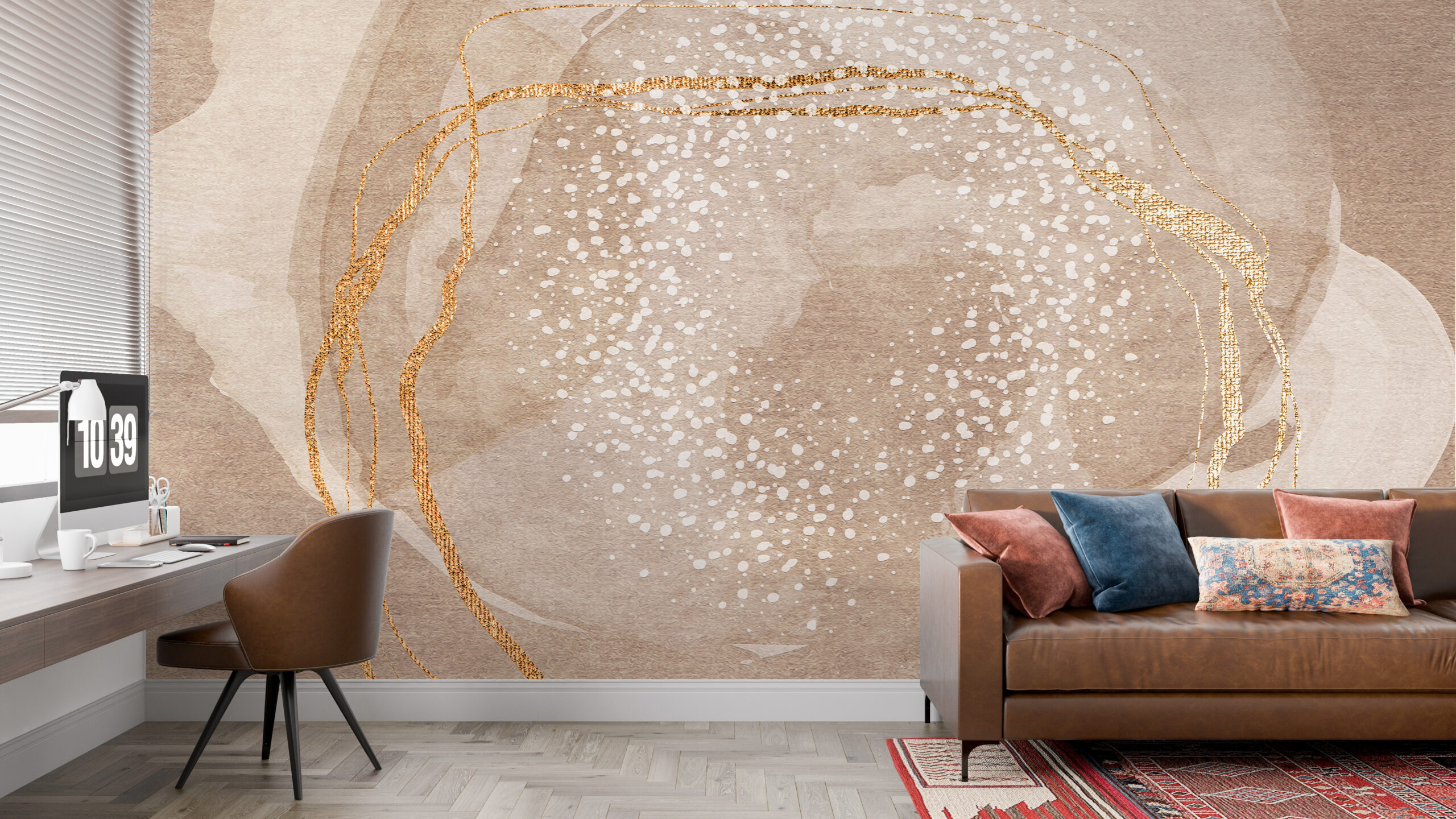 Väggmålning av guldelement i beige