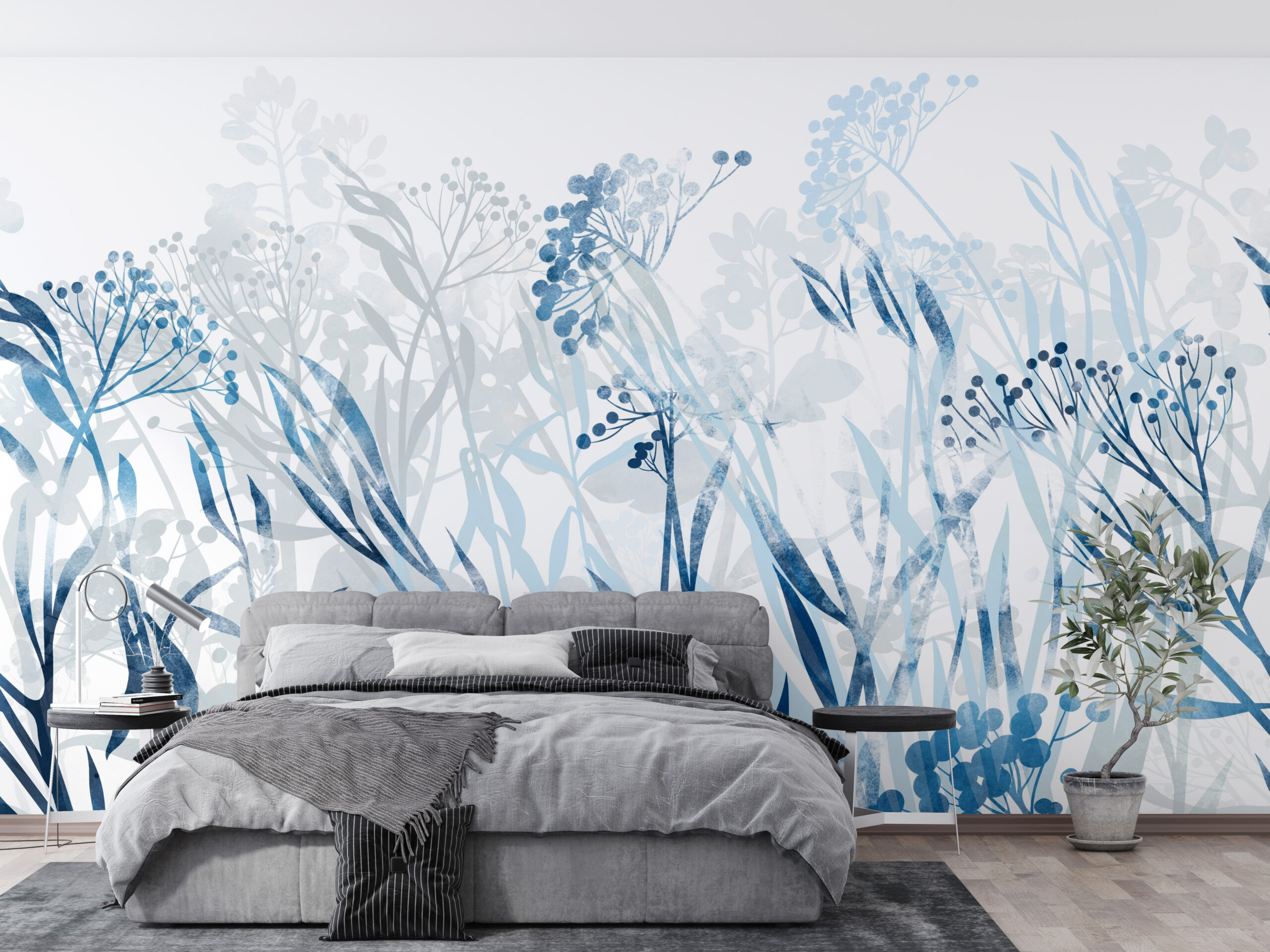 Väggmålning Blå blommor i vitt