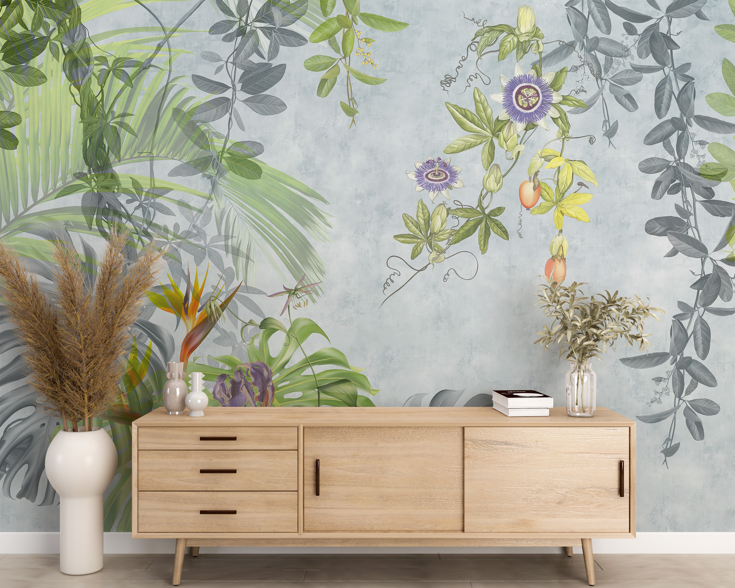 Väggmålning av blad och blommor