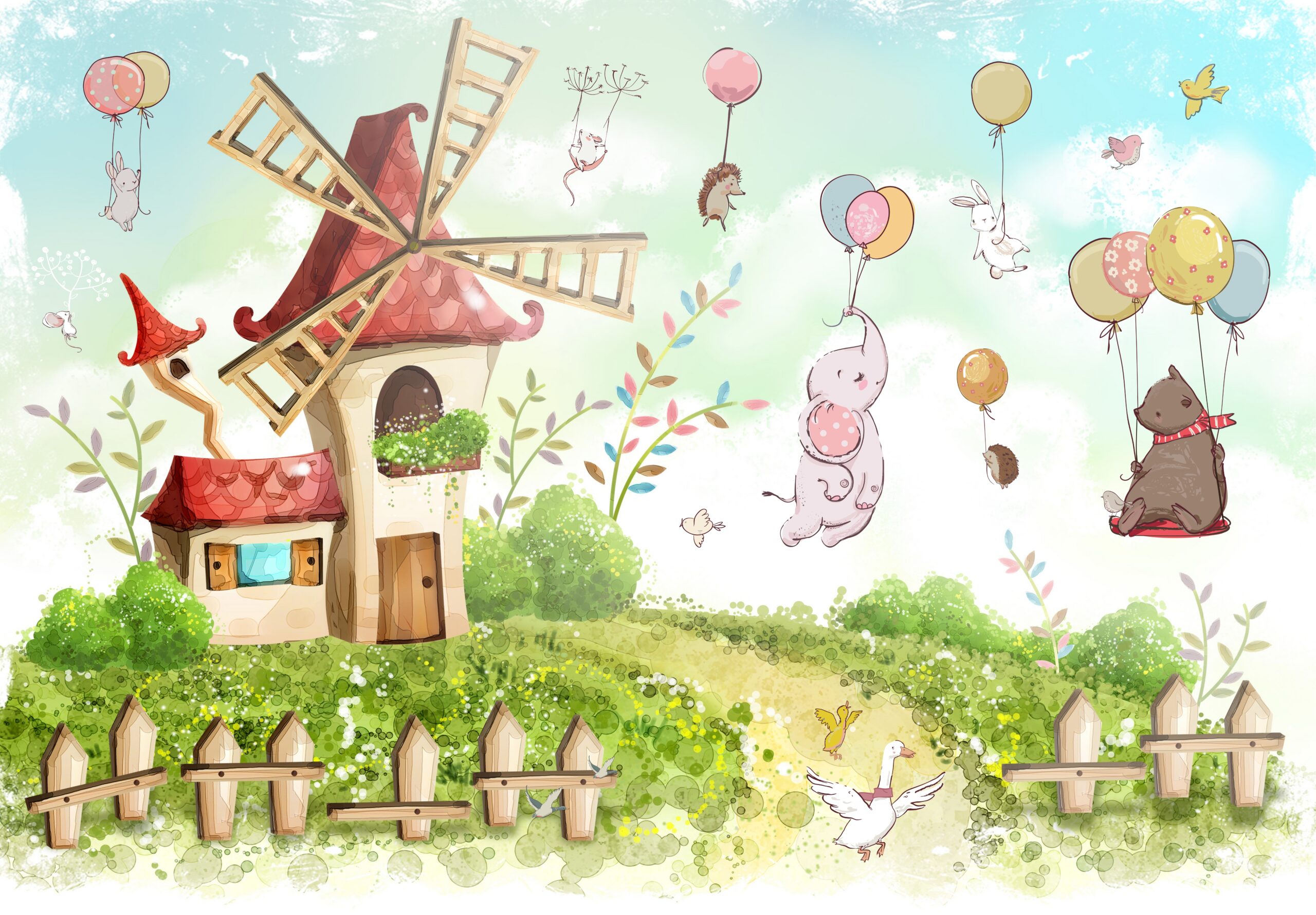 Children's,Drawing,Windmill,And,Animals,In,Balloons,For,Digital,Printing