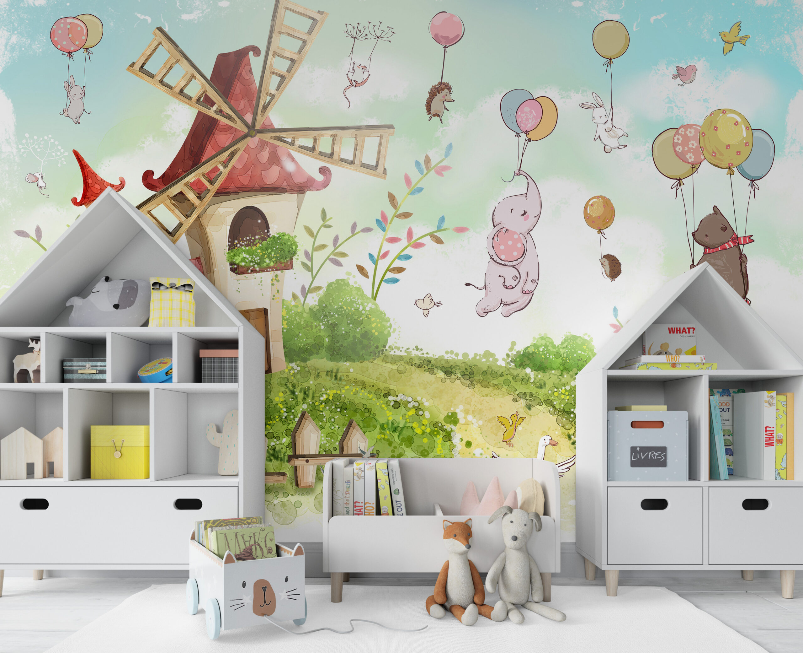 Väggmålning av ett väderkvarnshus