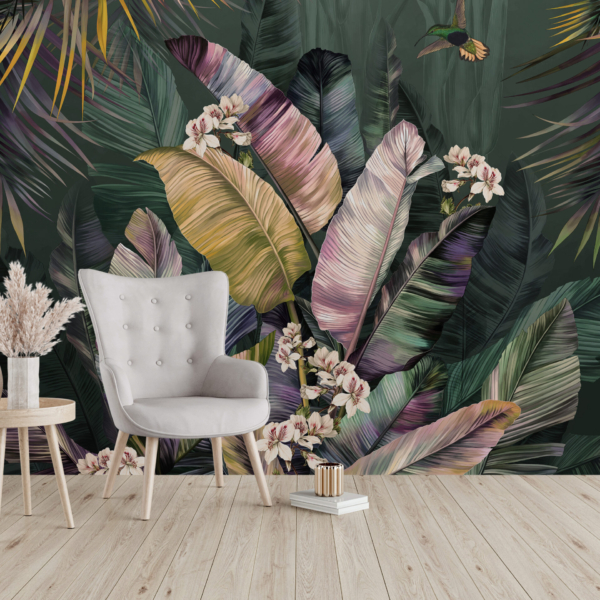 Väggmålning Tropiska löv Mörk