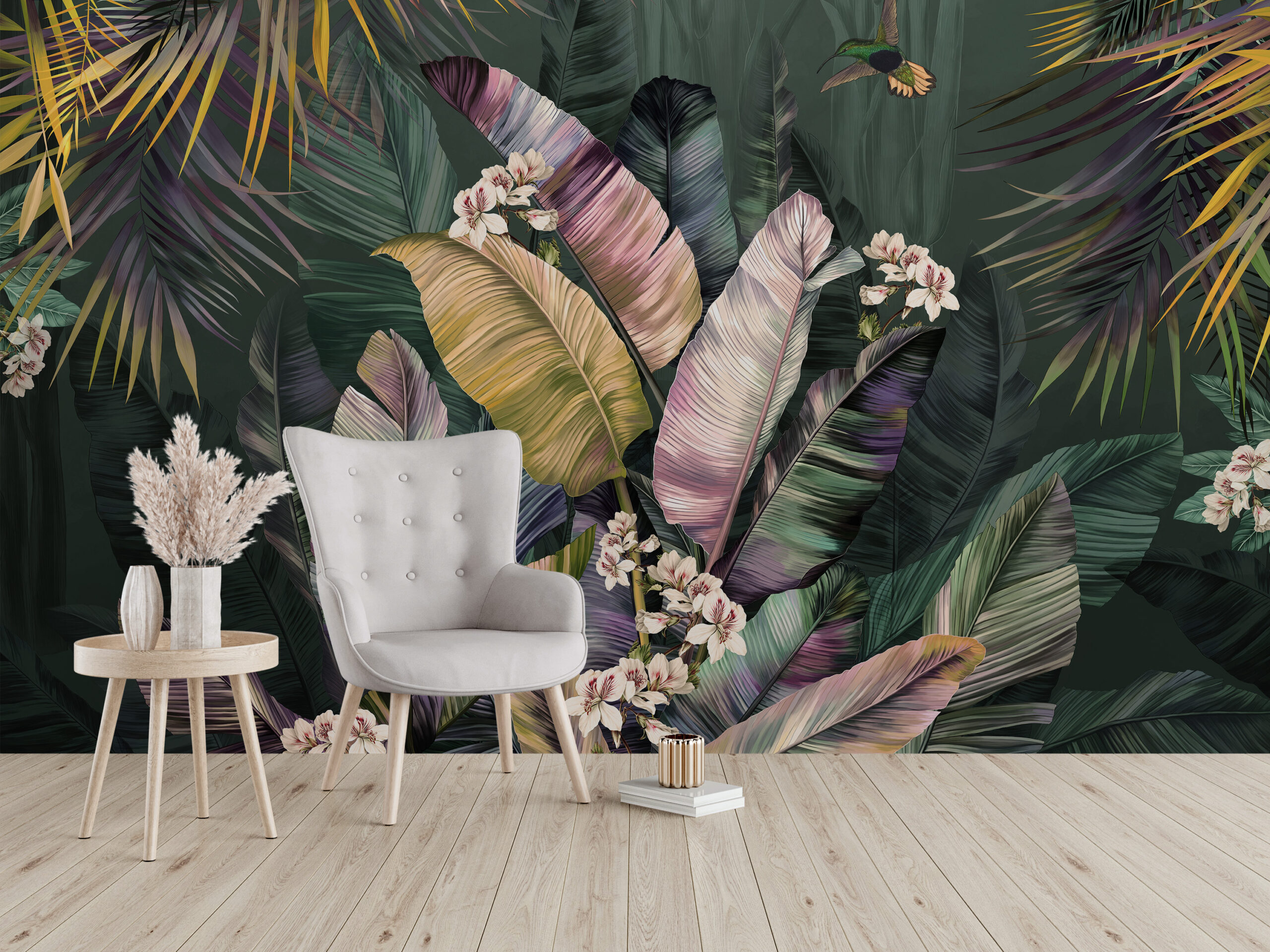 Väggmålning Tropiska löv Mörk