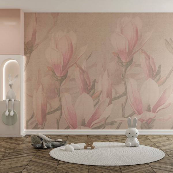 Väggmålning Rosa blommor i beige