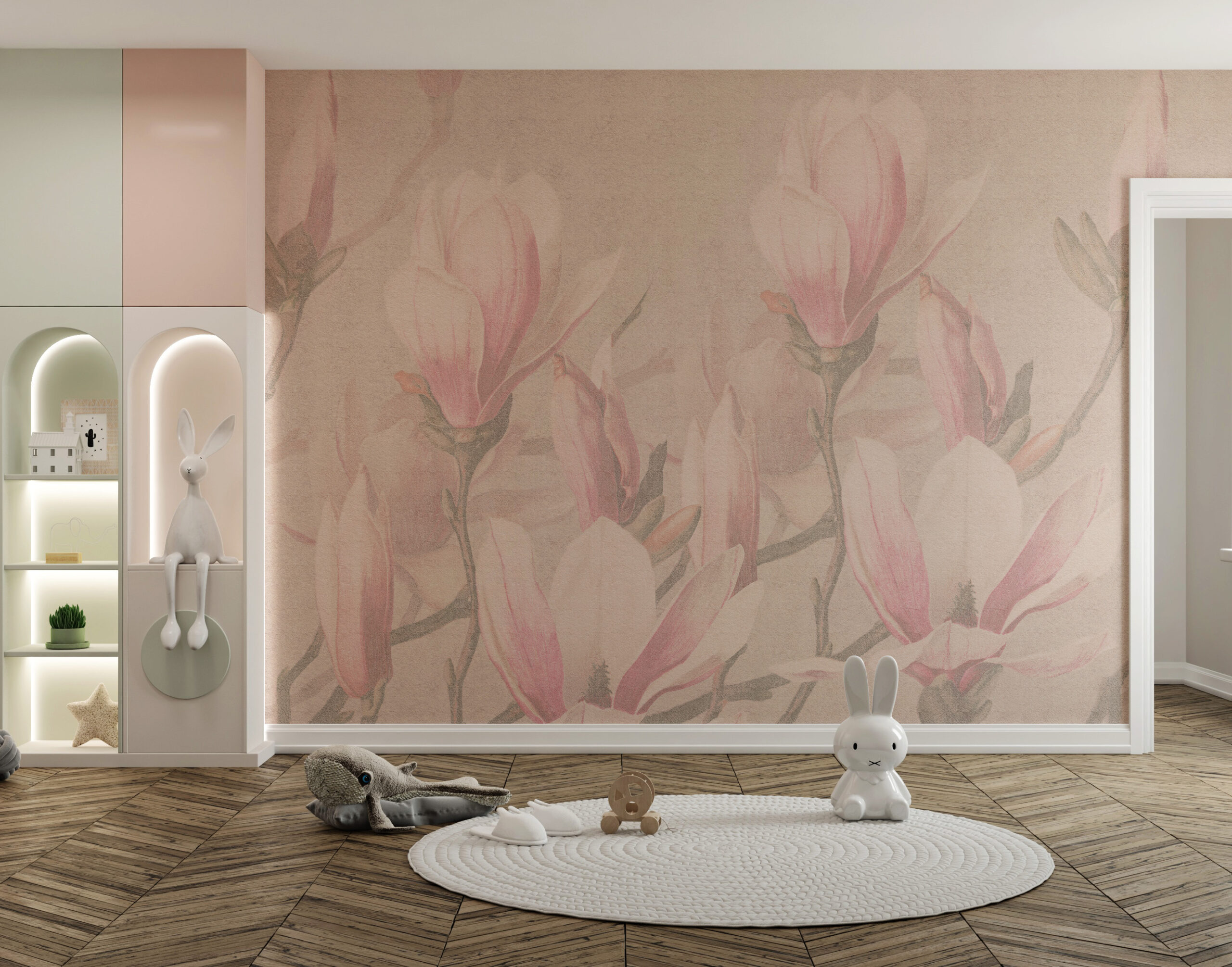 Väggmålning Rosa blommor i beige