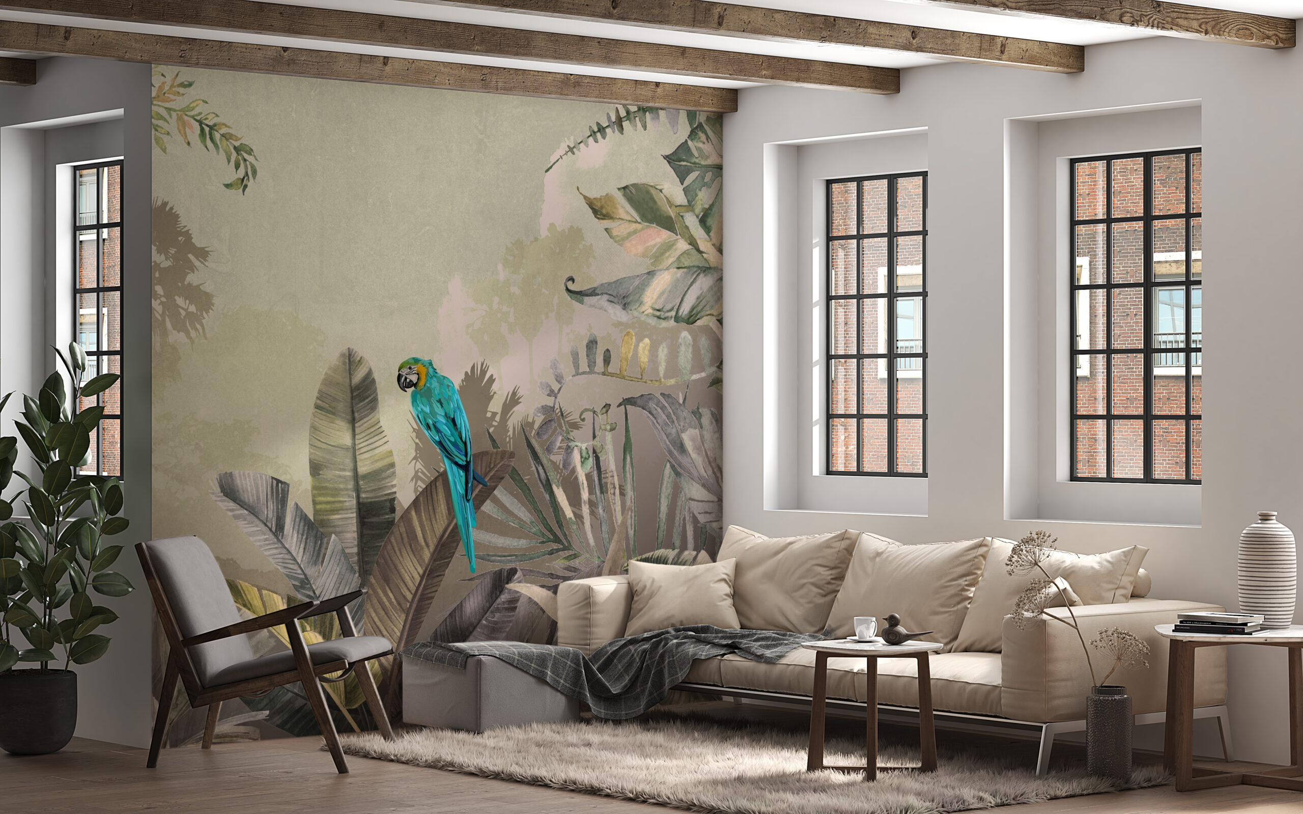 Muralmålad papegoja på djungelbakgrund