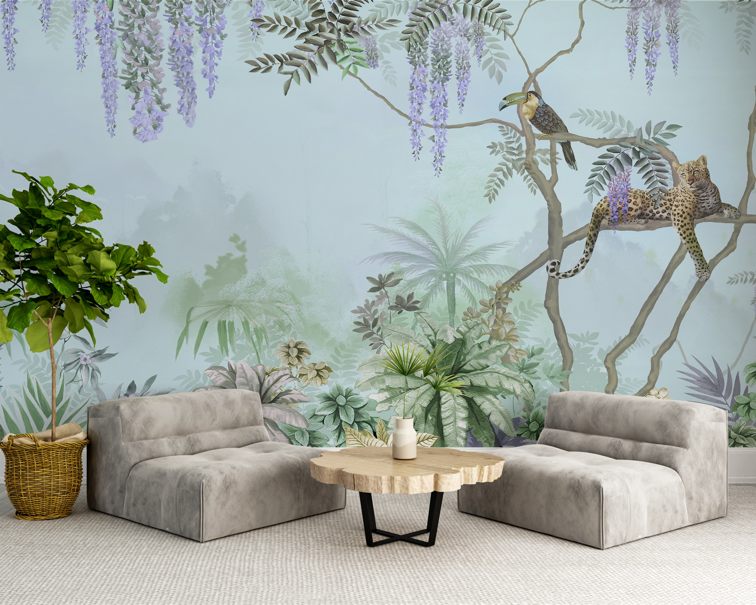 Blå djungel väggmålning