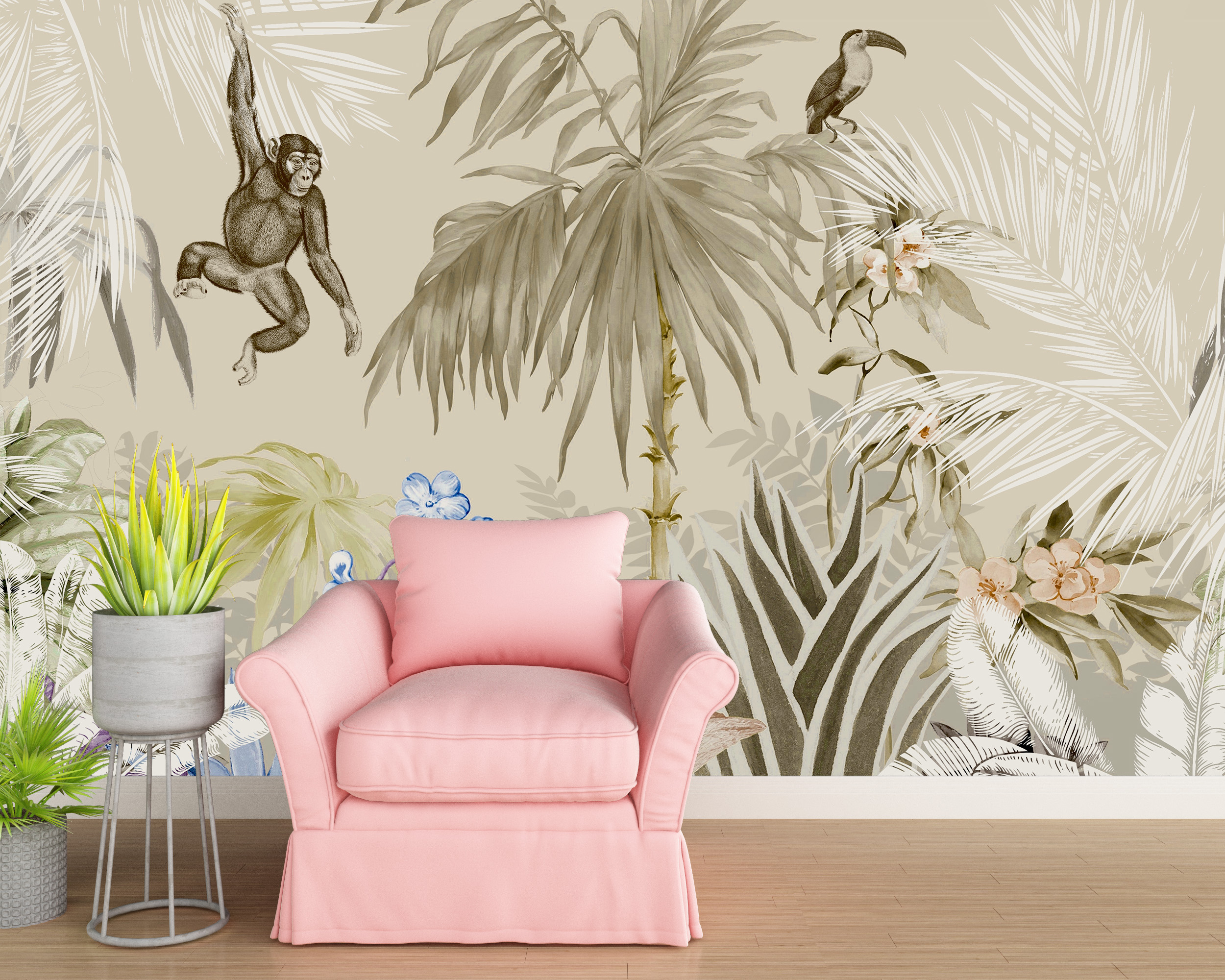 Monkey Jungle väggmålning Beige