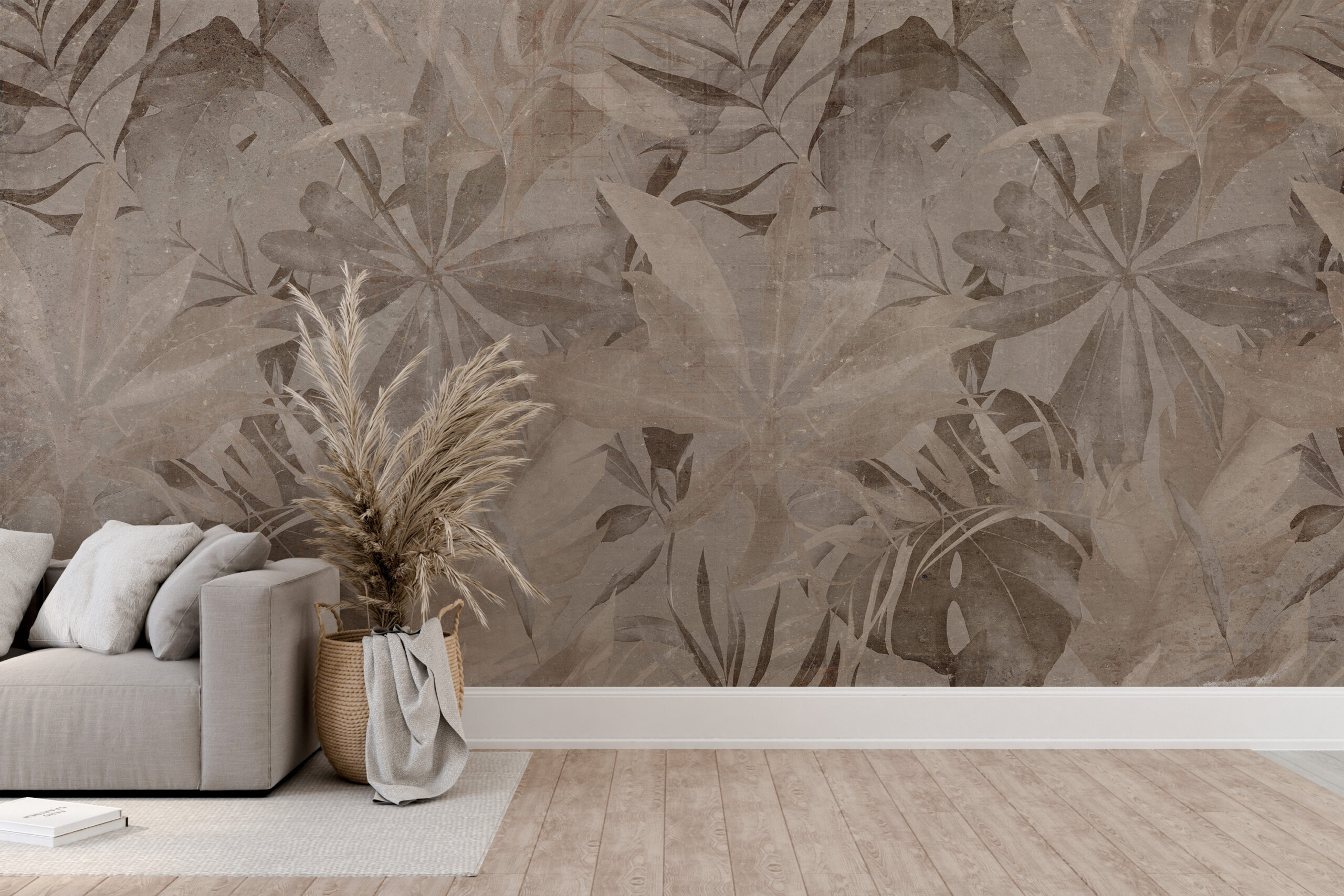 Väggmålning av löv i beige och brunt