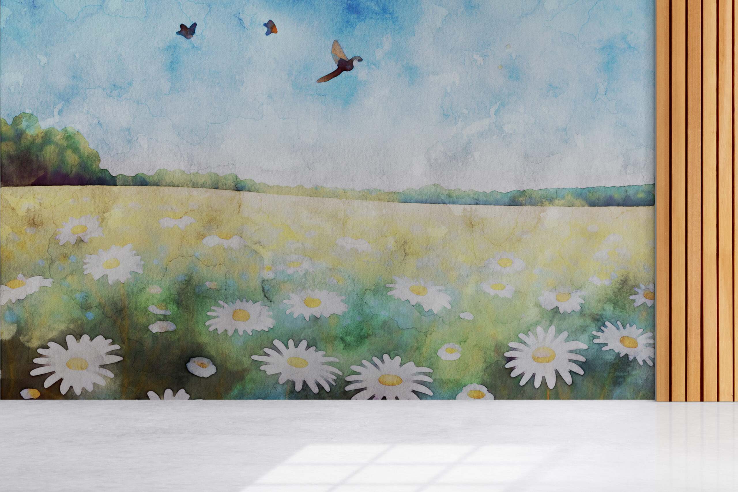 Väggmålning av en målad äng